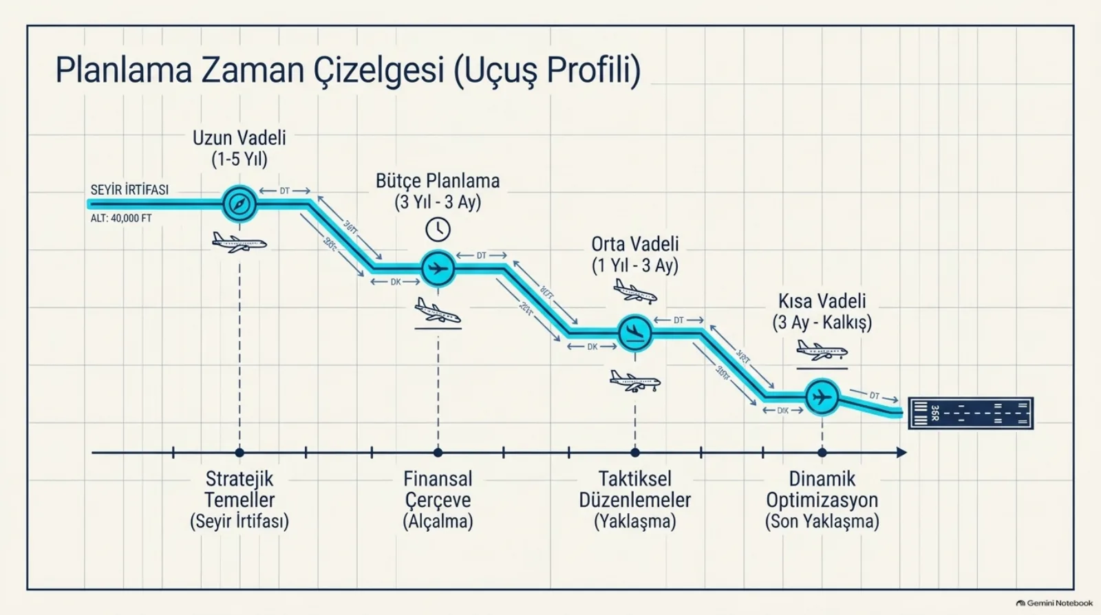 Başlık: Planlama Zaman Çizelgesi (Uçuş Profili). Bir uçuşun alçalma profili gibi çizilmiş, soldan sağa basamak basamak inen mavi hat ve en sağda pist. Dört durak: Uzun Vadeli (1-5 yıl), stratejik temeller, seyir irtifası; Bütçe Planlama (3 yıl - 3 ay), finansal çerçeve, alçalma; Orta Vadeli (1 yıl - 3 ay), taktiksel düzenlemeler, yaklaşma; Kısa Vadeli (3 ay - kalkış), dinamik optimizasyon, son yaklaşma.