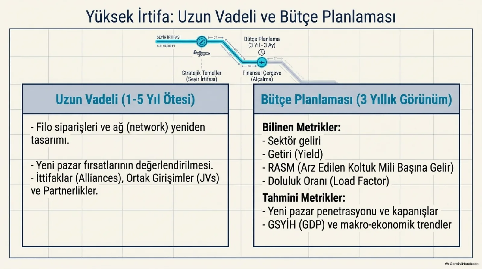 Başlık: Yüksek İrtifa, Uzun Vadeli ve Bütçe Planlaması. Üstte uçuş profilinin ilk iki durağı küçük olarak tekrar ediliyor. Sol kutu, Uzun Vadeli (1-5 yıl ötesi): filo siparişleri ve ağ yeniden tasarımı; yeni pazar fırsatlarının değerlendirilmesi; ittifaklar, ortak girişimler ve partnerlikler. Sağ kutu, Bütçe Planlaması (3 yıllık görünüm). Bilinen metrikler: sektör geliri, getiri (yield), RASM (arz edilen koltuk mili başına gelir), doluluk oranı. Tahmini metrikler: yeni pazar penetrasyonu ve kapanışlar, GSYİH ve makroekonomik trendler.