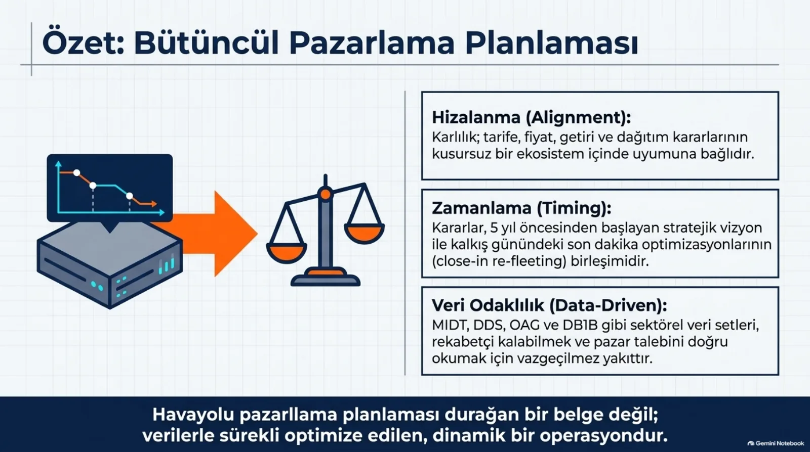 Başlık: Özet, Bütüncül Pazarlama Planlaması. Solda bir sunucudan çıkan turuncu ok bir teraziye gidiyor; sunucunun üstünde düşen bir çizgi grafiği. Sağda üç kutu. Hizalanma (Alignment): kârlılık, tarife, fiyat, getiri ve dağıtım kararlarının kusursuz bir ekosistem içinde uyumuna bağlıdır. Zamanlama (Timing): kararlar, 5 yıl öncesinden başlayan stratejik vizyon ile kalkış günündeki son dakika optimizasyonlarının (close-in re-fleeting) birleşimidir. Veri Odaklılık (Data-Driven): MIDT, DDS, OAG ve DB1B gibi sektörel veri setleri, rekabetçi kalabilmek ve pazar talebini doğru okumak için vazgeçilmez yakıttır. Alt bant: havayolu pazarlama planlaması durağan bir belge değil, verilerle sürekli optimize edilen, dinamik bir operasyondur.