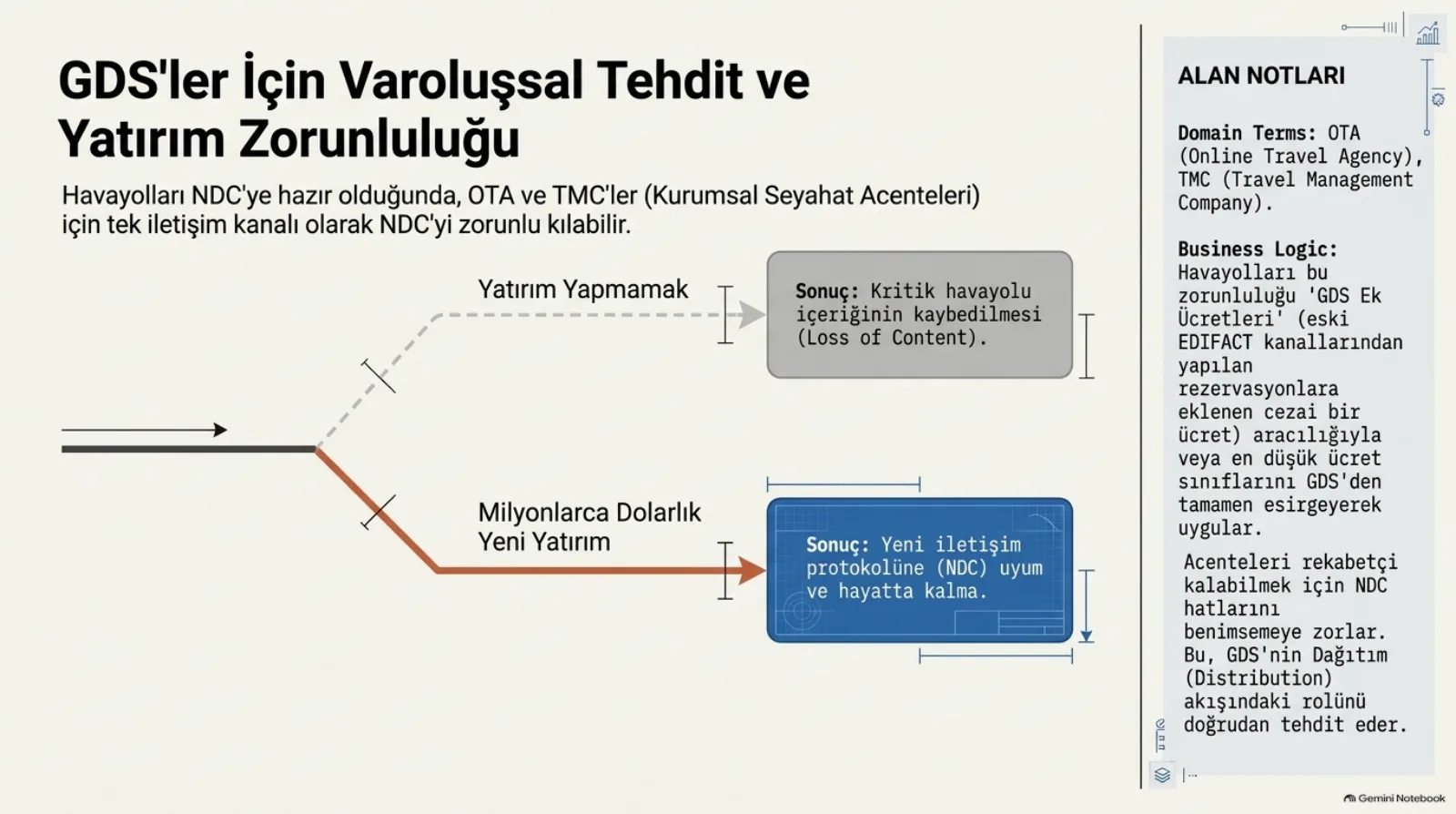 Başlık: GDS’ler İçin Varoluşsal Tehdit ve Yatırım Zorunluluğu. Alt başlık: havayolları NDC’ye hazır olduğunda, OTA ve TMC’ler (kurumsal seyahat acenteleri) için tek iletişim kanalı olarak NDC’yi zorunlu kılabilir. Soldan gelen bir yol ikiye ayrılıyor. Üstte gri kesikli yol, yatırım yapmamak: sonuç, kritik havayolu içeriğinin kaybedilmesi (loss of content). Altta turuncu düz yol, milyonlarca dolarlık yeni yatırım: sonuç, yeni iletişim protokolüne (NDC) uyum ve hayatta kalma. Sağda alan notları: havayolları bu zorunluluğu GDS ek ücretleri (eski EDIFACT kanallarından yapılan rezervasyonlara eklenen cezai bir ücret) aracılığıyla veya en düşük ücret sınıflarını GDS’den tamamen esirgeyerek uygular; acenteleri rekabetçi kalabilmek için NDC hatlarını benimsemeye zorlar, bu GDS’nin dağıtım akışındaki rolünü doğrudan tehdit eder.