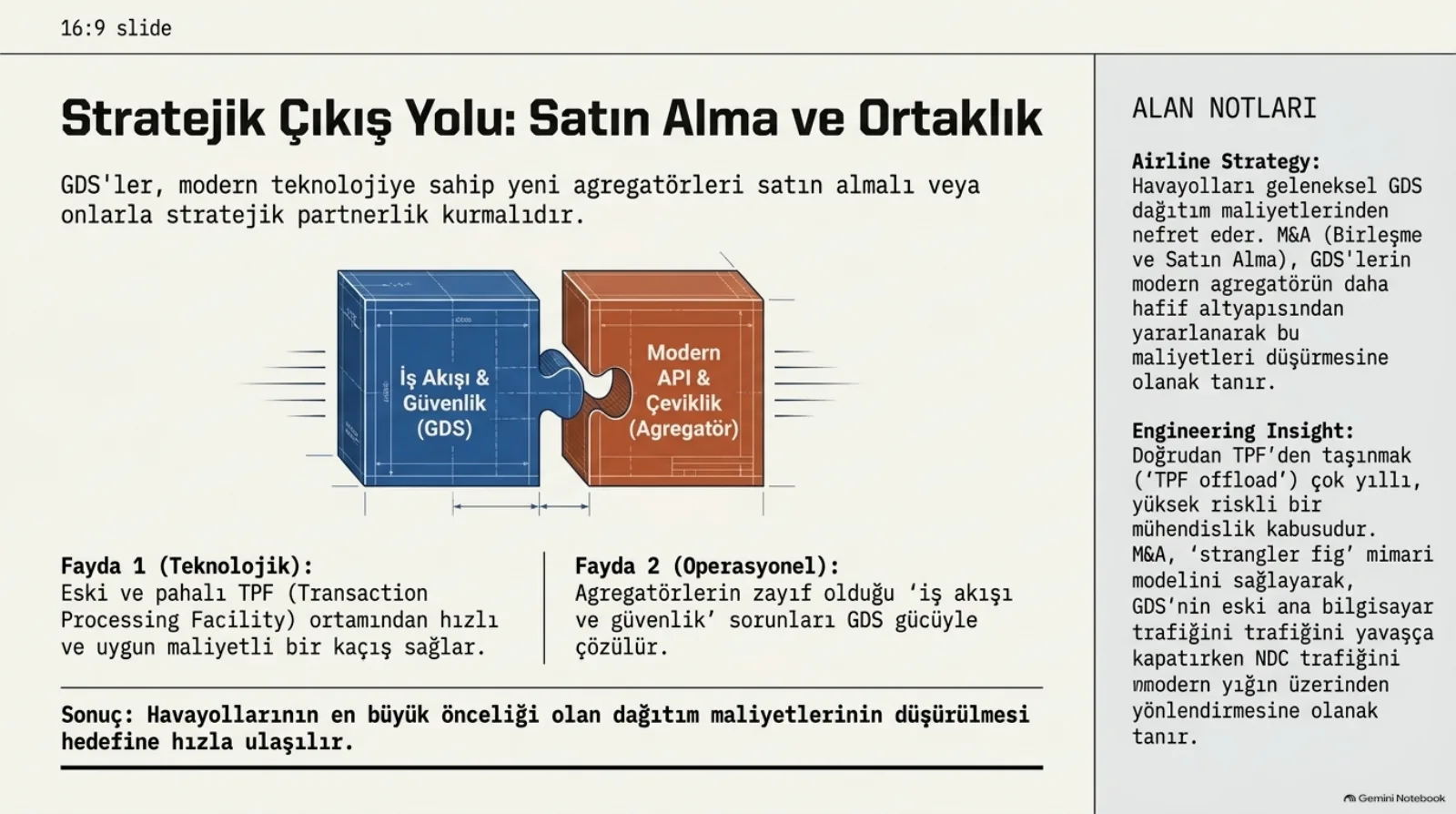 Başlık: Stratejik Çıkış Yolu, Satın Alma ve Ortaklık. Alt başlık: GDS’ler, modern teknolojiye sahip yeni agregatörleri satın almalı veya onlarla stratejik partnerlik kurmalıdır. Ortada birbirine geçen iki yapboz parçası: mavi parça, iş akışı ve güvenlik (GDS); turuncu parça, modern API ve çeviklik (agregatör). Fayda 1 (teknolojik): eski ve pahalı TPF (transaction processing facility) ortamından hızlı ve uygun maliyetli bir kaçış sağlar. Fayda 2 (operasyonel): agregatörlerin zayıf olduğu iş akışı ve güvenlik sorunları GDS gücüyle çözülür. Sonuç: havayollarının en büyük önceliği olan dağıtım maliyetlerinin düşürülmesi hedefine hızla ulaşılır. Sağda alan notları: havayolları geleneksel GDS dağıtım maliyetlerinden nefret eder, birleşme ve satın alma GDS’lerin modern agregatörün daha hafif altyapısından yararlanarak bu maliyetleri düşürmesine olanak tanır; doğrudan TPF’den taşınmak (TPF offload) çok yıllı, yüksek riskli bir mühendislik kâbusudur, satın alma strangler fig mimari modelini sağlayarak GDS’nin eski ana bilgisayar trafiğini yavaşça kapatırken NDC trafiğini modern yığın üzerinden yönlendirmesine olanak tanır.