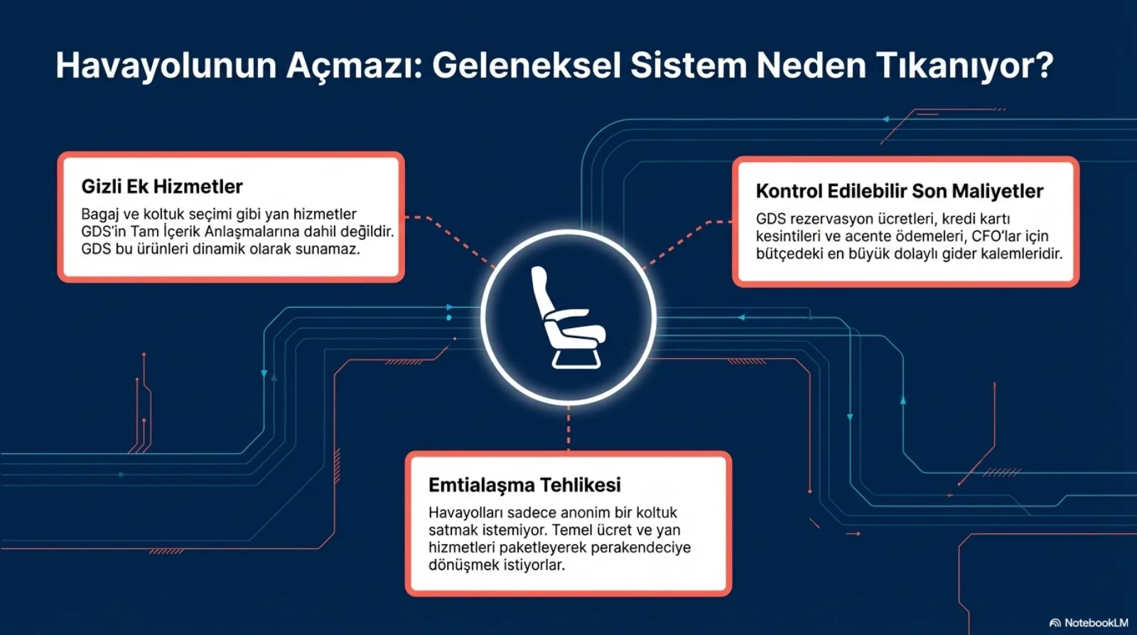Başlık: Havayolunun Açmazı, Geleneksel Sistem Neden Tıkanıyor? Ortada daire içinde koltuk simgesi, etrafında turuncu çerçeveli üç kutu. Gizli ek hizmetler: bagaj ve koltuk seçimi gibi yan hizmetler GDS’in tam içerik anlaşmalarına dahil değildir, GDS bu ürünleri dinamik olarak sunamaz. Kontrol edilebilir son maliyetler: GDS rezervasyon ücretleri, kredi kartı kesintileri ve acente ödemeleri, CFO’lar için bütçedeki en büyük dolaylı gider kalemleridir. Emtialaşma tehlikesi: havayolları sadece anonim bir koltuk satmak istemiyor, temel ücret ve yan hizmetleri paketleyerek perakendeciye dönüşmek istiyorlar.