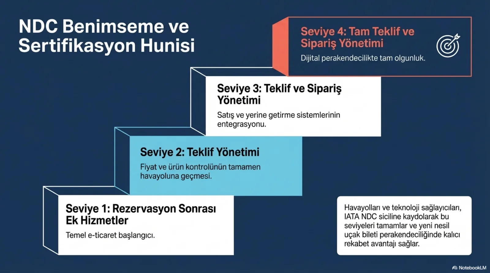 Başlık: NDC Benimseme ve Sertifikasyon Hunisi. Dört basamak yukarı doğru yükseliyor. Seviye 1, rezervasyon sonrası ek hizmetler: temel e-ticaret başlangıcı. Seviye 2 (açık mavi), teklif yönetimi: fiyat ve ürün kontrolünün tamamen havayoluna geçmesi. Seviye 3, teklif ve sipariş yönetimi: satış ve yerine getirme sistemlerinin entegrasyonu. Seviye 4 (turuncu, hedef simgesi), tam teklif ve sipariş yönetimi: dijital perakendecilikte tam olgunluk. Sağ altta not: havayolları ve teknoloji sağlayıcıları IATA NDC siciline kaydolarak bu seviyeleri tamamlar ve yeni nesil uçak bileti perakendeciliğinde kalıcı rekabet avantajı sağlar.