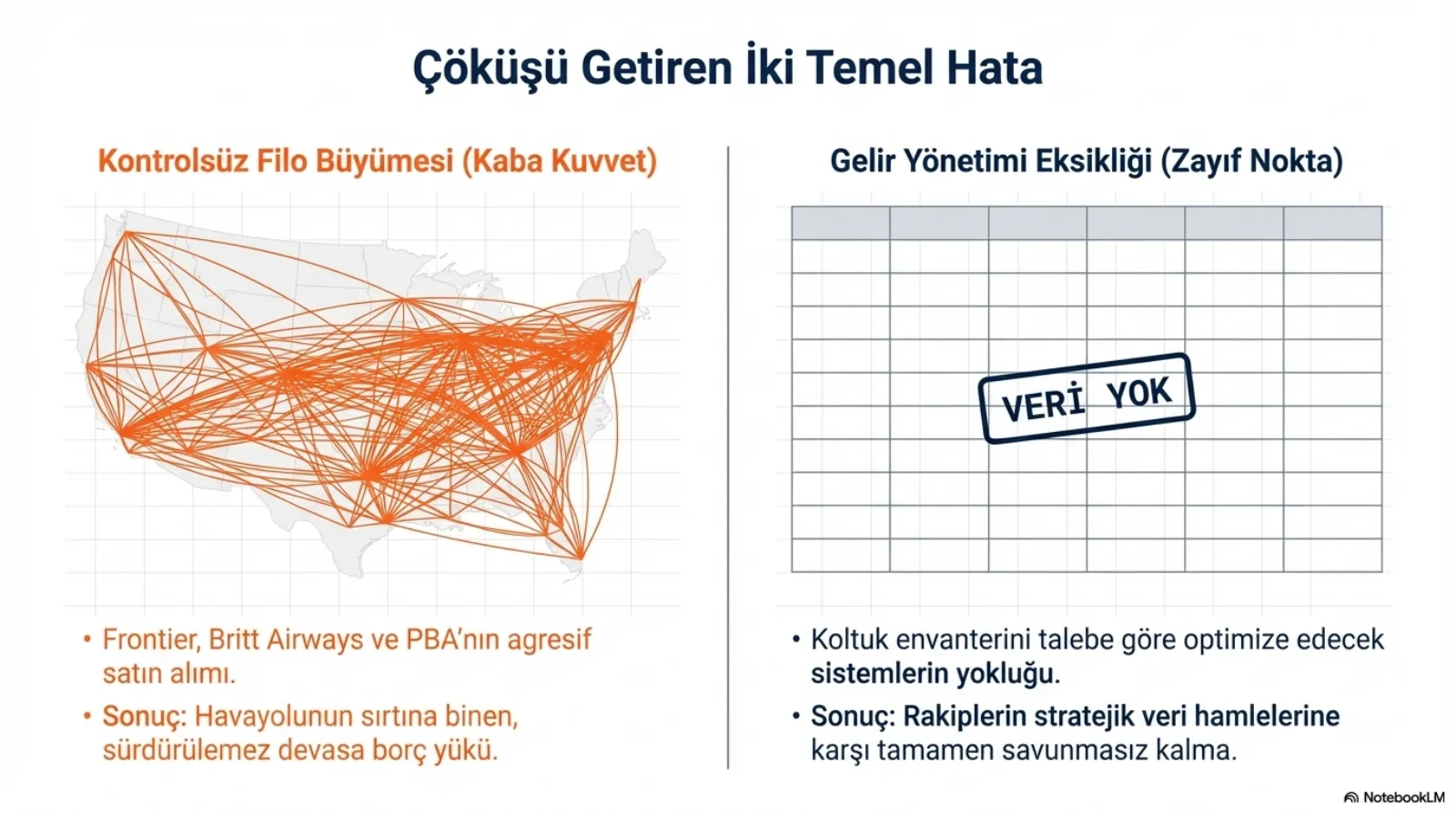 Başlık: Çöküşü Getiren İki Temel Hata. Solda, kontrolsüz filo büyümesi (kaba kuvvet): ABD haritası üzerinde yüzlerce turuncu çizgiyle örülmüş rota ağı. Notlar: Frontier, Britt Airways ve PBA’nın agresif satın alımı; sonuç, havayolunun sırtına binen sürdürülemez devasa borç yükü. Sağda, gelir yönetimi eksikliği (zayıf nokta): boş bir tablo ve üzerinde VERİ YOK damgası. Notlar: koltuk envanterini talebe göre optimize edecek sistemlerin yokluğu; sonuç, rakiplerin stratejik veri hamlelerine karşı tamamen savunmasız kalma.