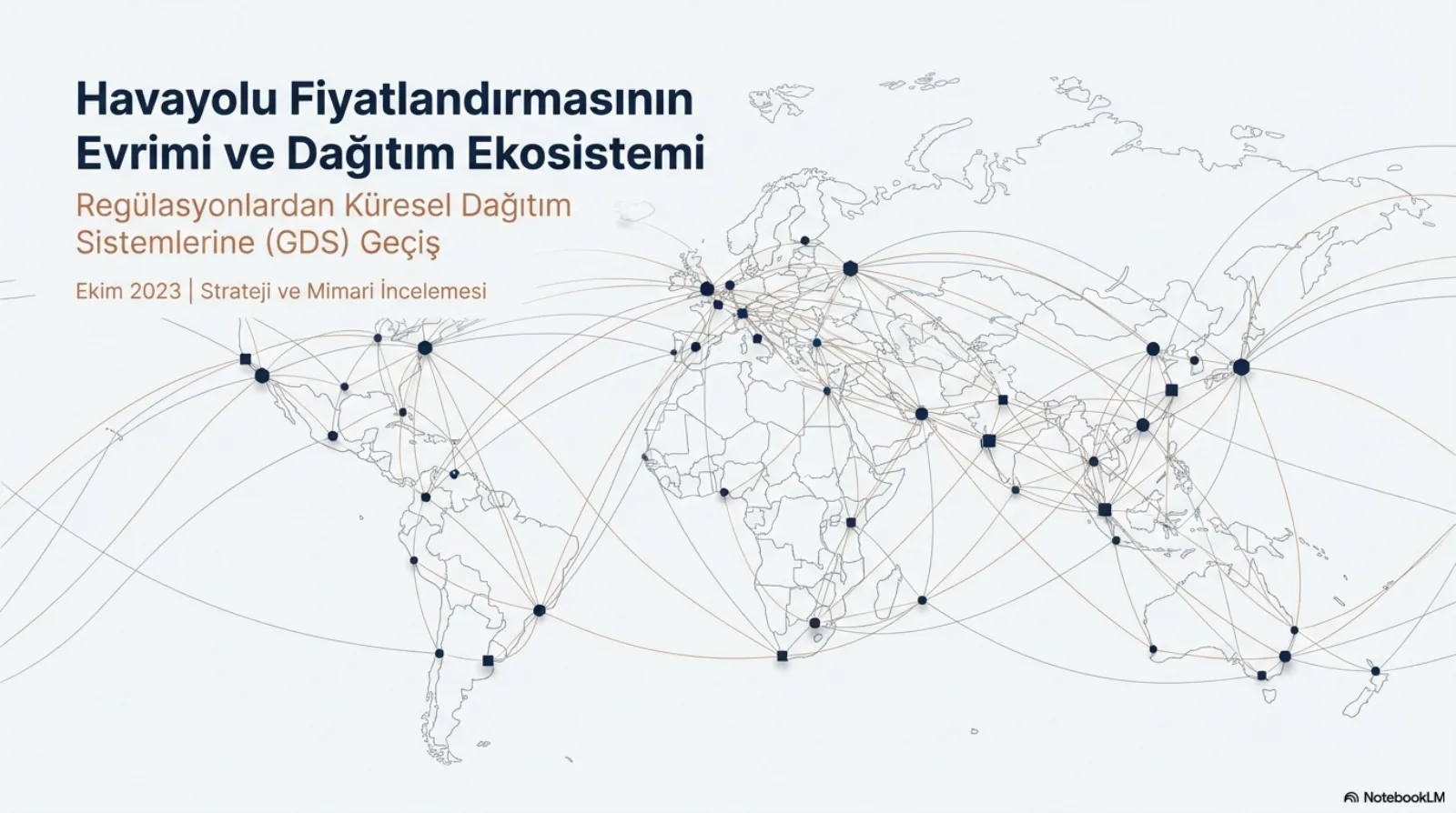 Sunumun kapak slaytı. Açık zemin üzerinde bir dünya haritası; kıtalar arasında havalimanlarını temsil eden koyu noktalar ve onları bağlayan ince, kavisli uçuş hatları. Başlık: Havayolu Fiyatlandırmasının Evrimi ve Dağıtım Ekosistemi. Alt başlık: Regülasyonlardan Küresel Dağıtım Sistemlerine (GDS) Geçiş. Altında: Strateji ve Mimari İncelemesi.