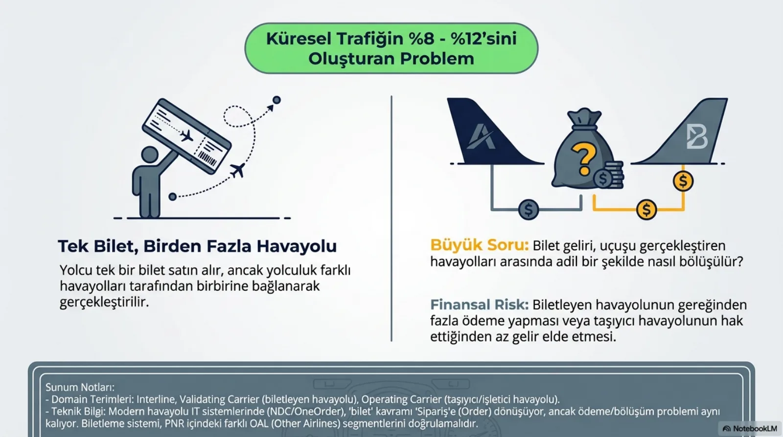 Başlık: Küresel Trafiğin Yüzde 8-12 sini Oluşturan Problem. Sol yarıda büyük bir bileti havaya kaldıran bir yolcu figürü ve arkasında iki uçaklı kesikli bir rota; altında Tek Bilet, Birden Fazla Havayolu: yolcu tek bir bilet satın alır, ancak yolculuk farklı havayolları tarafından birbirine bağlanarak gerçekleştirilir. Sağ yarıda A ve B harfli iki kuyruk arasında soru işaretli bir para kesesi. Büyük Soru: bilet geliri, uçuşu gerçekleştiren havayolları arasında adil bir şekilde nasıl bölüşülür. Finansal Risk: biletleyen havayolunun gereğinden fazla ödeme yapması veya taşıyıcı havayolunun hak ettiğinden az gelir elde etmesi. Not bandı: domain terimleri interline, validating carrier (biletleyen havayolu), operating carrier (taşıyıcı havayolu); NDC ve OneOrder ile bilet kavramı siparişe dönüşse de ödeme ve bölüşüm problemi aynı kalıyor, biletleme sistemi PNR içindeki diğer havayolu (OAL) segmentlerini doğrulamalı.