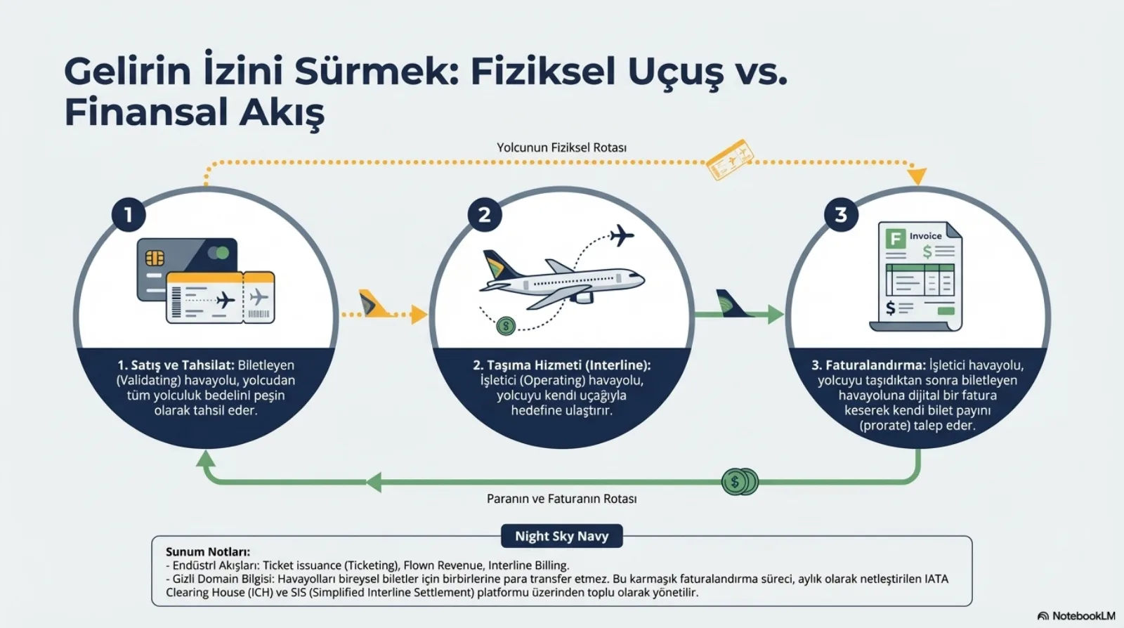 Başlık: Gelirin İzini Sürmek, Fiziksel Uçuş ve Finansal Akış. Üç daire soldan sağa: 1, Satış ve Tahsilat, biletleyen (validating) havayolu yolcudan tüm yolculuk bedelini peşin olarak tahsil eder; 2, Taşıma Hizmeti (Interline), işletici (operating) havayolu yolcuyu kendi uçağıyla hedefine ulaştırır; 3, Faturalandırma, işletici havayolu yolcuyu taşıdıktan sonra biletleyen havayoluna dijital bir fatura keserek kendi bilet payını (prorate) talep eder. Üstte turuncu kesikli ok: Yolcunun Fiziksel Rotası. Altta sağdan sola yeşil ok: Paranın ve Faturanın Rotası. Not bandı: endüstri akışları ticket issuance, flown revenue, interline billing; bireysel biletler için para transferi yapılmaz, süreç aylık netleştirilen IATA Clearing House (ICH) ve SIS üzerinden toplu yönetilir.