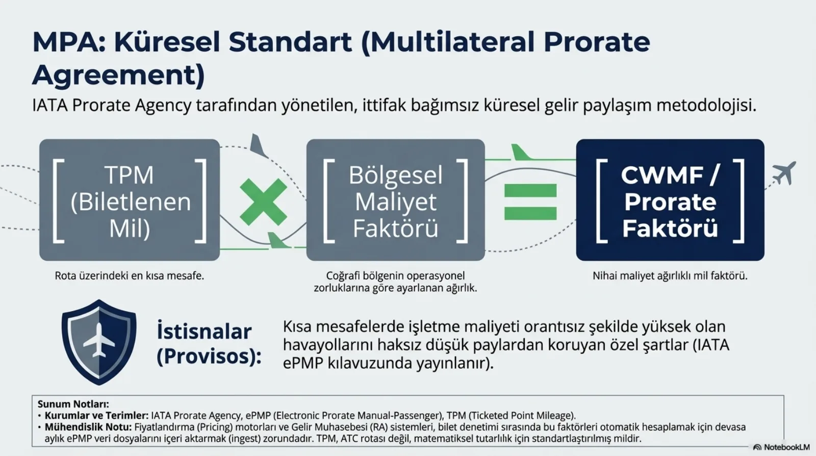 Başlık: MPA, Küresel Standart (Multilateral Prorate Agreement). Alt başlık: IATA Prorate Agency tarafından yönetilen, ittifak bağımsız küresel gelir paylaşım metodolojisi. Bir denklem: TPM (Biletlenen Mil, rota üzerindeki en kısa mesafe) çarpı Bölgesel Maliyet Faktörü (coğrafi bölgenin operasyonel zorluklarına göre ayarlanan ağırlık) eşittir CWMF / Prorate Faktörü (nihai maliyet ağırlıklı mil faktörü). Altta kalkan simgesiyle İstisnalar (Provisos): kısa mesafelerde işletme maliyeti orantısız şekilde yüksek olan havayollarını haksız düşük paylardan koruyan özel şartlar, IATA ePMP kılavuzunda yayınlanır. Not bandı: IATA Prorate Agency, ePMP (Electronic Prorate Manual-Passenger), TPM; fiyatlandırma motorları ve gelir muhasebesi sistemleri bu faktörleri otomatik hesaplamak için aylık ePMP veri dosyalarını içeri aktarmak zorunda; TPM ATC rotası değil, standartlaştırılmış mil.
