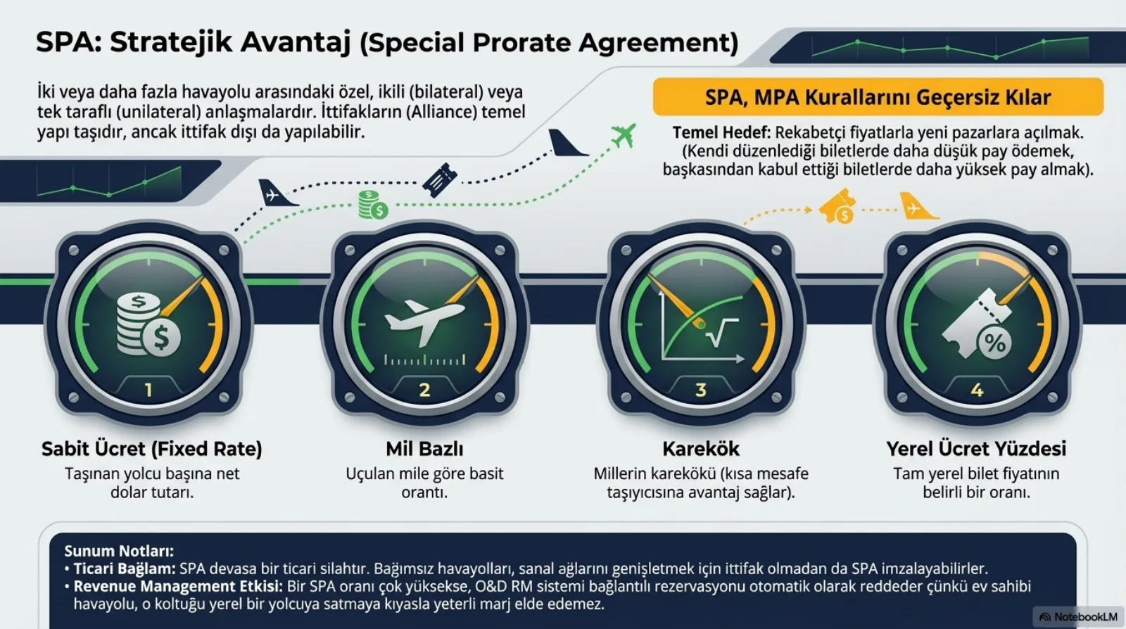 Başlık: SPA, Stratejik Avantaj (Special Prorate Agreement). Sol üst metin: iki veya daha fazla havayolu arasındaki özel, ikili (bilateral) veya tek taraflı (unilateral) anlaşmalardır; ittifakların temel yapı taşıdır, ancak ittifak dışında da yapılabilir. Sağ üstte turuncu bant: SPA, MPA Kurallarını Geçersiz Kılar. Temel hedef: rekabetçi fiyatlarla yeni pazarlara açılmak (kendi düzenlediği biletlerde daha düşük pay ödemek, başkasından kabul ettiği biletlerde daha yüksek pay almak). Altta dört gösterge kadranı: 1 Sabit Ücret (taşınan yolcu başına net dolar tutarı), 2 Mil Bazlı (uçulan mile göre basit orantı), 3 Karekök (millerin karekökü, kısa mesafe taşıyıcısına avantaj sağlar), 4 Yerel Ücret Yüzdesi (tam yerel bilet fiyatının belirli bir oranı). Not bandı: SPA devasa bir ticari silahtır; bir SPA oranı çok yüksekse O&D RM sistemi bağlantılı rezervasyonu otomatik olarak reddeder, çünkü ev sahibi havayolu o koltuğu yerel bir yolcuya satmaya kıyasla yeterli marj elde edemez.