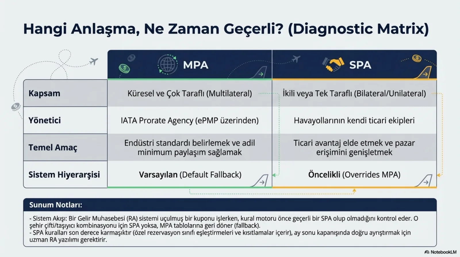 Başlık: Hangi Anlaşma, Ne Zaman Geçerli? (Diagnostic Matrix). İki sütunlu tablo, MPA ve SPA. Kapsam: MPA küresel ve çok taraflı (multilateral); SPA ikili veya tek taraflı (bilateral/unilateral). Yönetici: MPA IATA Prorate Agency (ePMP üzerinden); SPA havayollarının kendi ticari ekipleri. Temel amaç: MPA endüstri standardı belirlemek ve adil minimum paylaşım sağlamak; SPA ticari avantaj elde etmek ve pazar erişimini genişletmek. Sistem hiyerarşisi: MPA varsayılan (default fallback); SPA öncelikli (overrides MPA). Not bandı: gelir muhasebesi sistemi uçulmuş bir kuponu işlerken kural motoru önce geçerli bir SPA olup olmadığını kontrol eder, o şehir çifti/taşıyıcı kombinasyonu için SPA yoksa MPA tablolarına geri döner; SPA kuralları özel rezervasyon sınıfı eşleştirmeleri ve kısıtlamalar içerdiği için son derece karmaşıktır, ay sonu kapanışında doğru ayrıştırmak için uzman RA yazılımı gerektirir.
