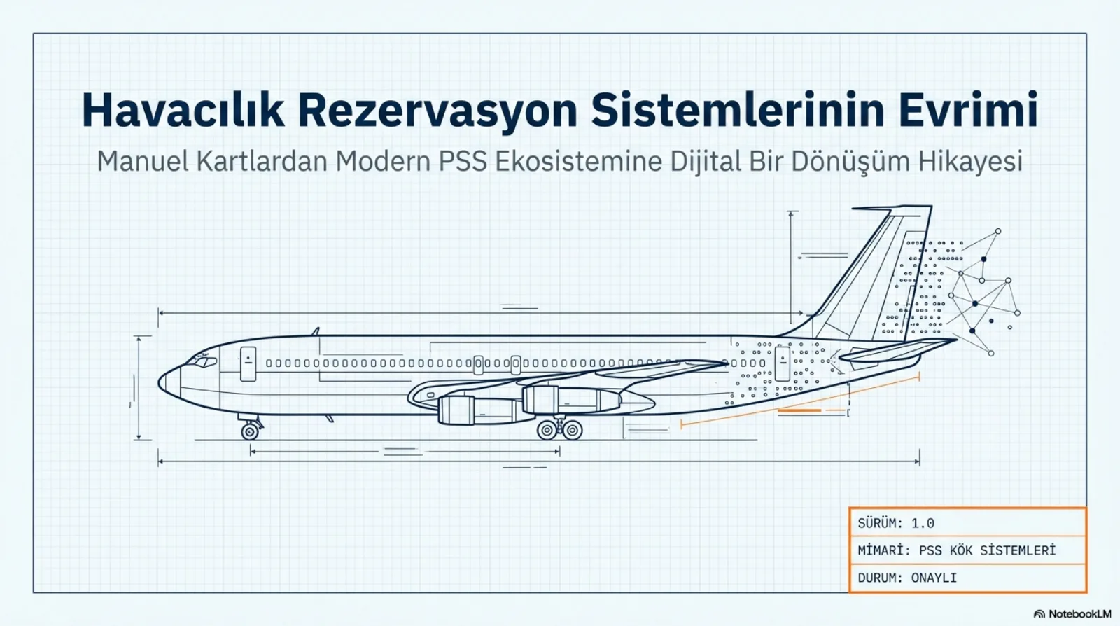 Sunumun kapak slaytı. Başlık: Havacılık Rezervasyon Sistemlerinin Evrimi. Alt başlık: Manuel kartlardan modern PSS ekosistemine dijital bir dönüşüm hikâyesi. Bir yolcu uçağının teknik çizimi; kuyruk tarafı noktalara ve bir ağ grafına dönüşüyor.