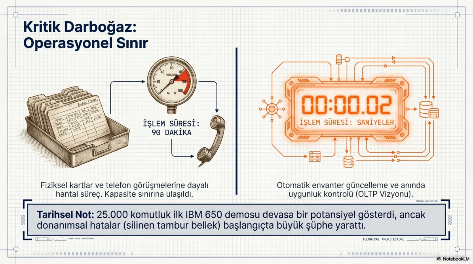 Solda kart dolabı, basınç göstergesi ve telefon: işlem süresi 90 dakika. Sağda dijital sayaç 00:00:02: işlem süresi saniyeler. Altta tarihsel not: 25.000 komutluk ilk IBM 650 demosu potansiyeli gösterdi ama silinen tambur bellek gibi donanım hataları başlangıçta şüphe yarattı.
