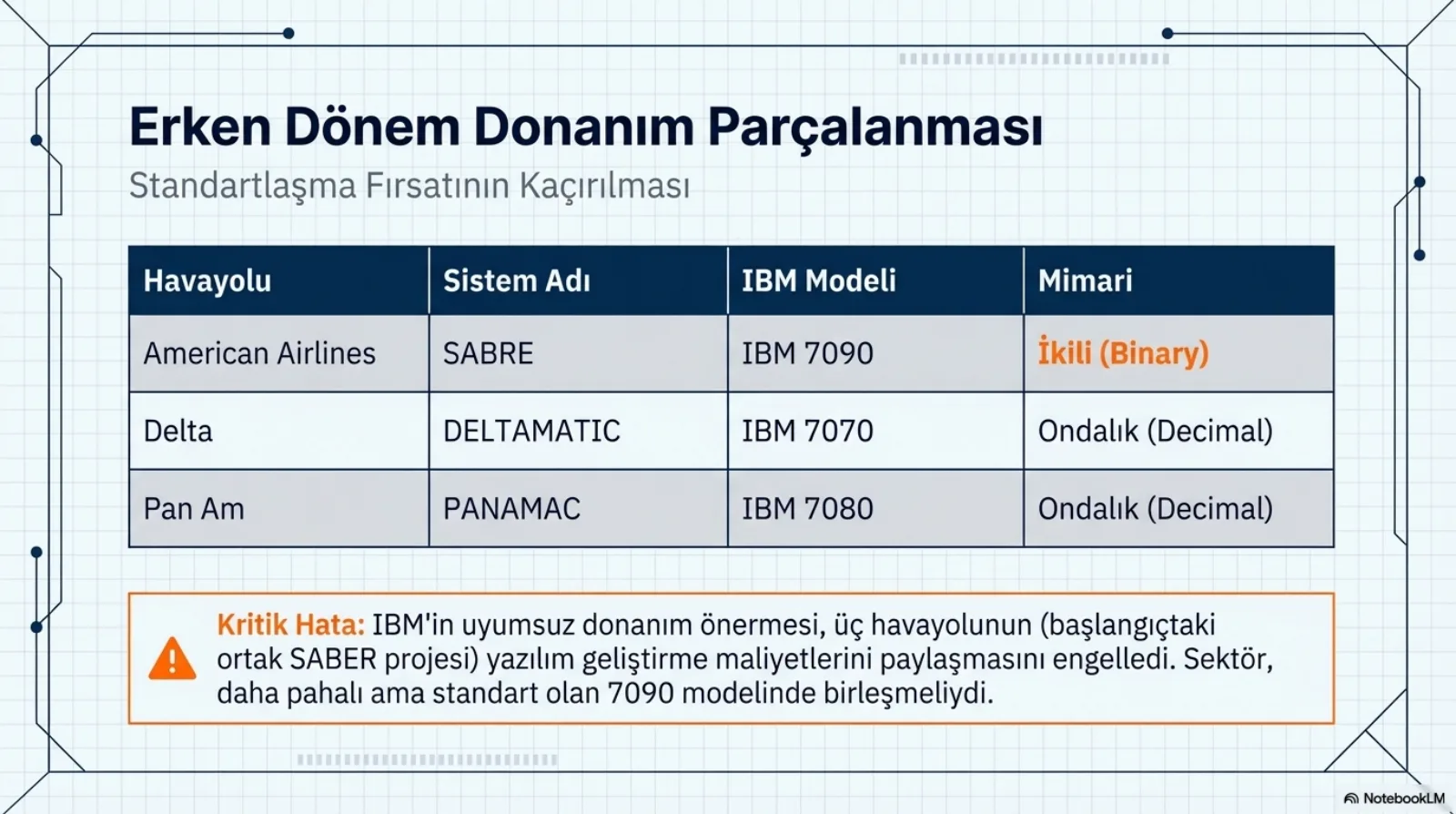 Tablo: American Airlines, SABRE, IBM 7090, ikili mimari; Delta, DELTAMATIC, IBM 7070, ondalık; Pan Am, PANAMAC, IBM 7080, ondalık. Altta kritik hata notu: IBM’in uyumsuz donanım önermesi üç havayolunun geliştirme maliyetini paylaşmasını engelledi; sektör daha pahalı ama standart 7090’da birleşmeliydi.