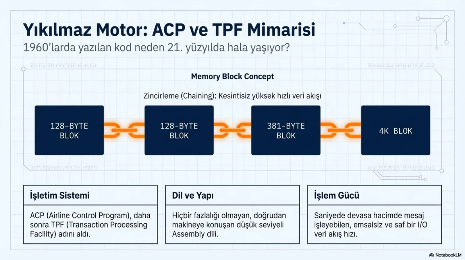 Başlık: Yıkılmaz motor, ACP ve TPF mimarisi; 1960’larda yazılan kod neden 21. yüzyılda hâlâ yaşıyor. Ortada bellek bloğu kavramı: 128 byte, 128 byte, 381 byte ve 4K bloklar zincirle bağlı; zincirleme kesintisiz yüksek hızlı veri akışı. Altta üç kutu: işletim sistemi ACP sonra TPF; dil ve yapı, fazlalığı olmayan doğrudan makineye konuşan Assembly; işlem gücü, saniyede devasa hacimde mesaj, saf I/O hızı.