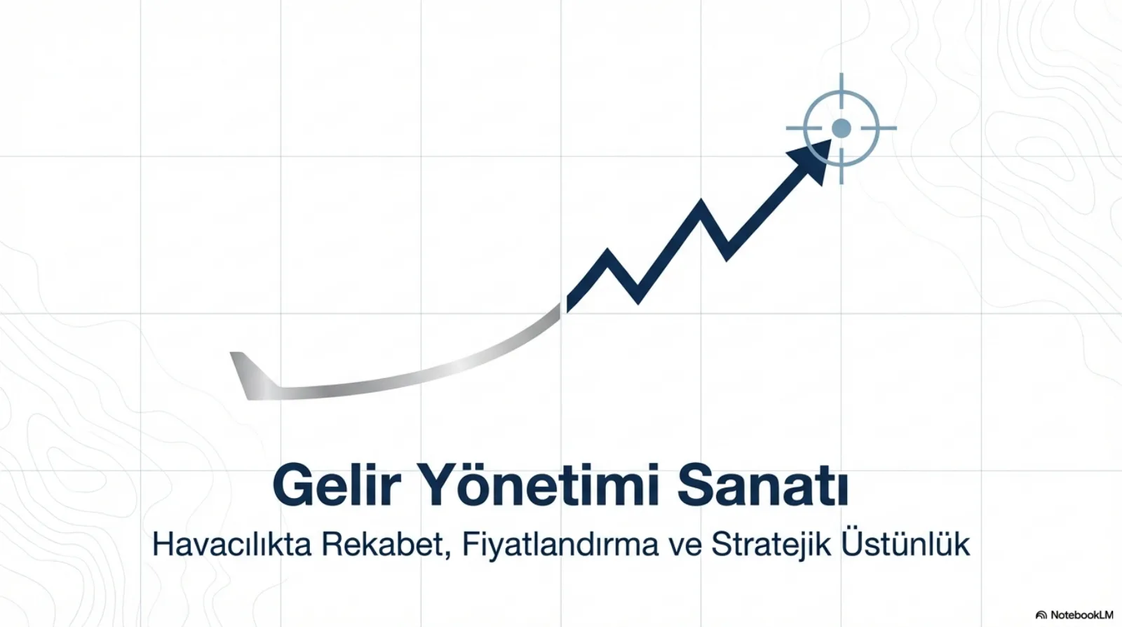 Sunumun kapak slaytı. Beyaz, ızgaralı bir zeminde soldan yükselen gümüş renkli bir uçak kanadı izi, ortada lacivert zikzaklı bir yükseliş okuna dönüşüyor ve sağ üstte bir nişangâhın merkezine varıyor. Başlık: Gelir Yönetimi Sanatı. Alt başlık: Havacılıkta Rekabet, Fiyatlandırma ve Stratejik Üstünlük.