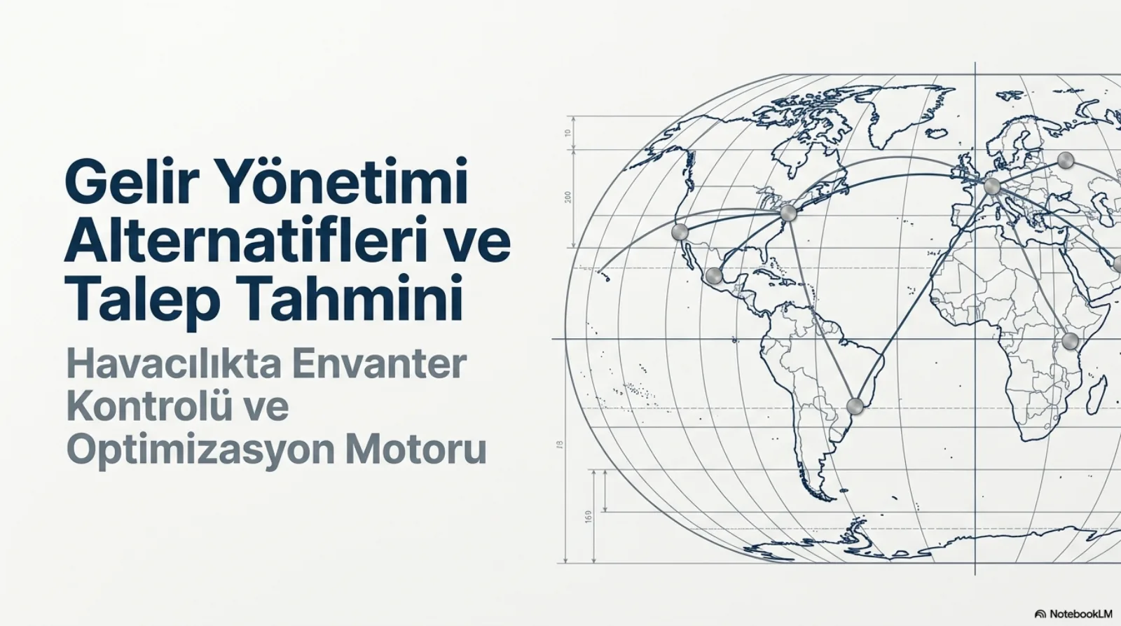 Sunumun kapak slaytı. Solda başlık: Gelir Yönetimi Alternatifleri ve Talep Tahmini. Alt başlık: Havacılıkta Envanter Kontrolü ve Optimizasyon Motoru. Sağda teknik çizim tarzında bir dünya haritası; Kuzey Amerika, Güney Amerika, Avrupa ve Afrika üzerindeki şehir noktaları yay biçimli uçuş hatlarıyla birbirine bağlanmış, kenarlarda ölçü çizgileri var.