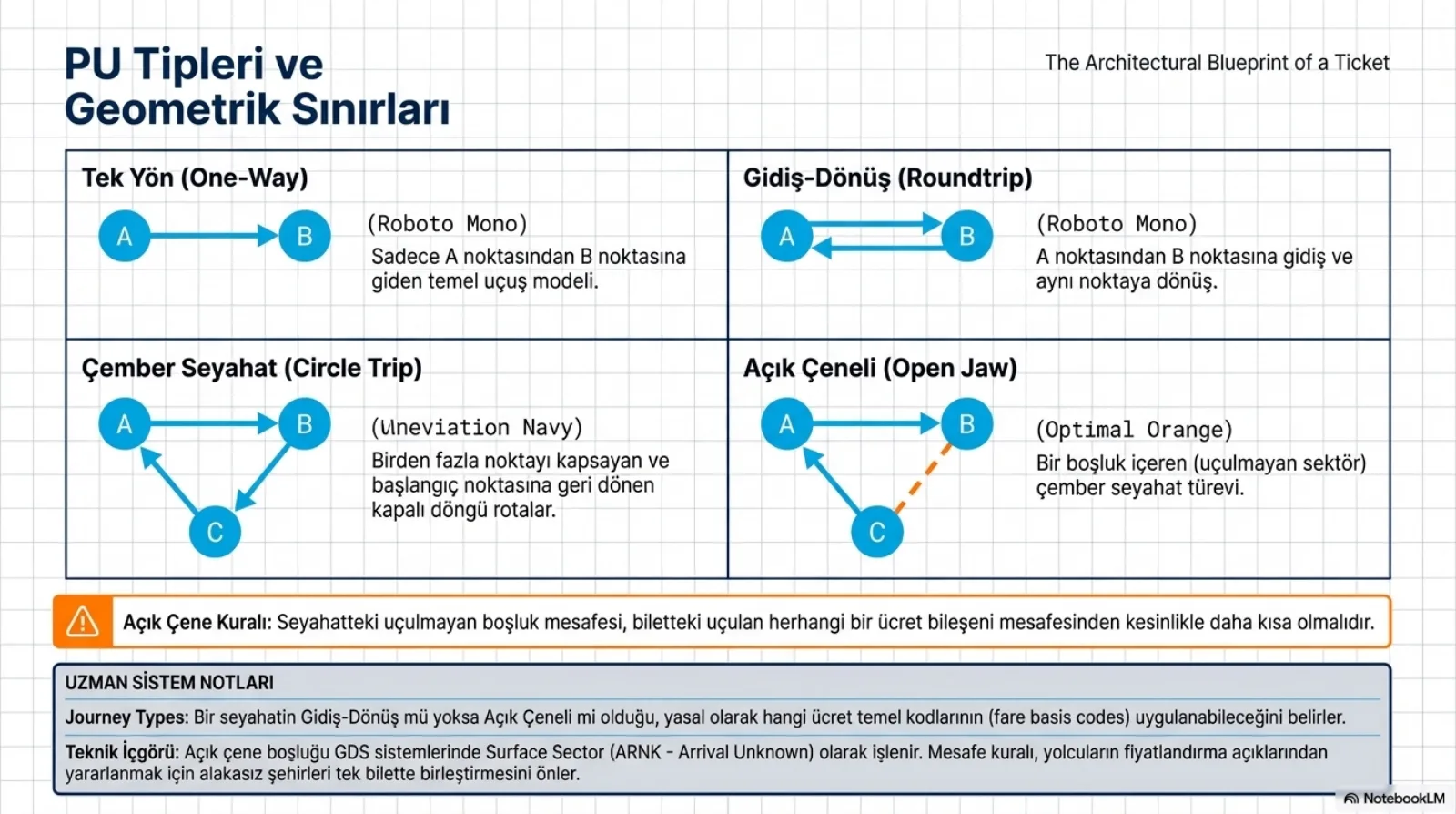 Başlık: PU Tipleri ve Geometrik Sınırları. Dört panel. Tek Yön (One-Way): A’dan B’ye tek ok, sadece A noktasından B noktasına giden temel uçuş modeli. Gidiş-Dönüş (Roundtrip): A ile B arasında iki yönlü ok, A’dan B’ye gidiş ve aynı noktaya dönüş. Çember Seyahat (Circle Trip): A, B ve C arasında kapalı üçgen, birden fazla noktayı kapsayan ve başlangıca geri dönen kapalı döngü. Açık Çeneli (Open Jaw): A’dan B’ye ve C’den A’ya oklar, B ile C arası turuncu kesikli çizgi, bir boşluk (uçulmayan sektör) içeren çember seyahat türevi. Turuncu uyarı kutusu, açık çene kuralı: seyahatteki uçulmayan boşluk mesafesi, biletteki uçulan herhangi bir ücret bileşeni mesafesinden kesinlikle daha kısa olmalıdır. Alttaki notlar: seyahatin gidiş-dönüş mü açık çeneli mi olduğu hangi ücret temel kodlarının uygulanabileceğini belirler; açık çene boşluğu GDS sistemlerinde Surface Sector (ARNK, Arrival Unknown) olarak işlenir ve mesafe kuralı yolcuların alakasız şehirleri tek bilette birleştirerek fiyatlandırma açıklarından yararlanmasını önler.
