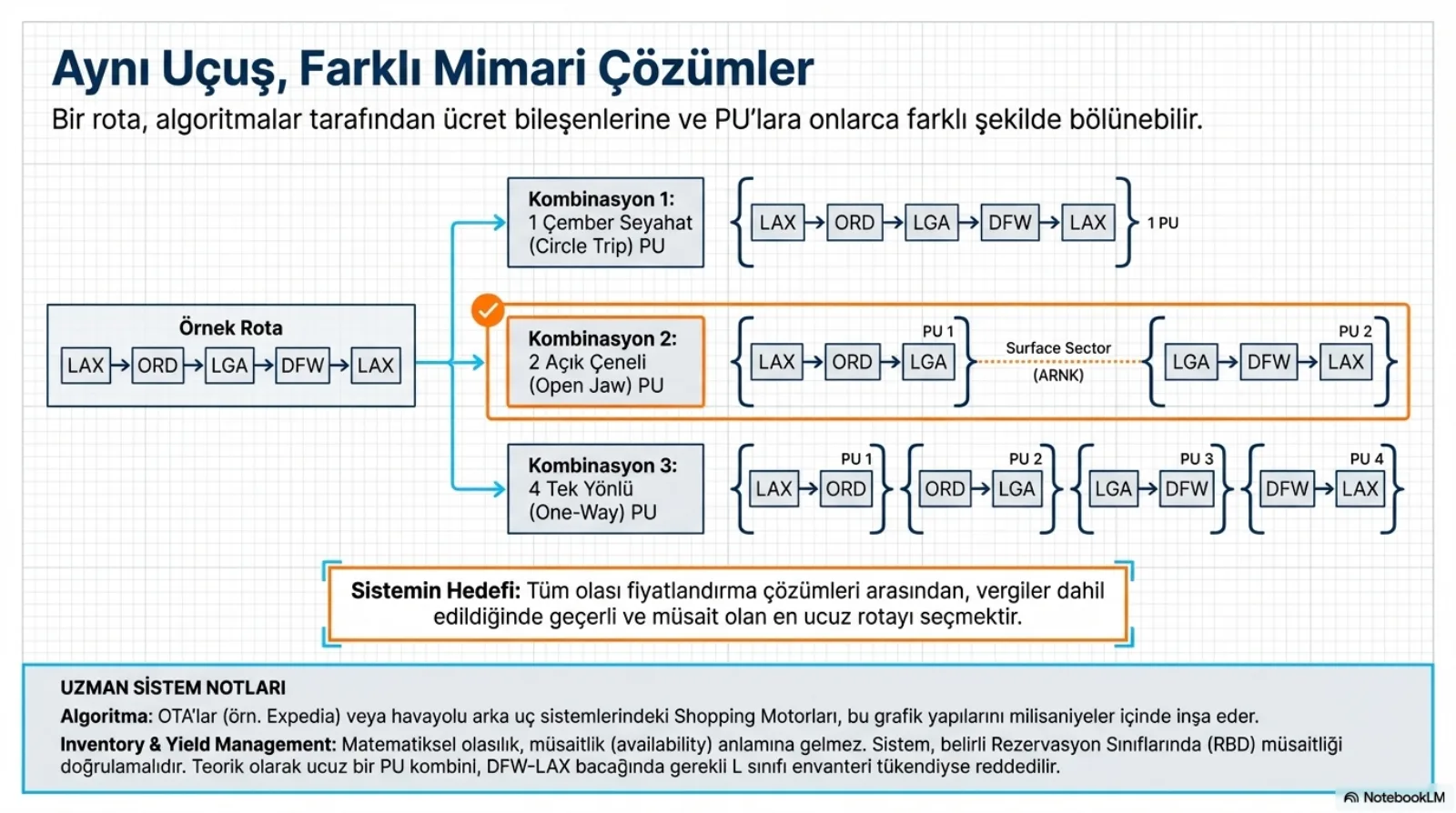 Başlık: Aynı Uçuş, Farklı Mimari Çözümler. Alt başlık: bir rota, algoritmalar tarafından ücret bileşenlerine ve PU’lara onlarca farklı şekilde bölünebilir. Solda örnek rota: LAX, ORD, LGA, DFW, LAX. Üç dal. Kombinasyon 1: tek Çember Seyahat (Circle Trip) PU, bütün rota tek parantez içinde. Kombinasyon 2, turuncu çerçeve ve onay işaretiyle vurgulanmış: iki Açık Çeneli (Open Jaw) PU; PU 1 LAX-ORD-LGA, PU 2 LGA-DFW-LAX, aralarında Surface Sector (ARNK) yazan noktalı çizgi. Kombinasyon 3: dört Tek Yönlü (One-Way) PU; LAX-ORD, ORD-LGA, LGA-DFW, DFW-LAX. Ortadaki kutu, sistemin hedefi: tüm olası fiyatlandırma çözümleri arasından, vergiler dahil edildiğinde geçerli ve müsait olan en ucuz rotayı seçmek. Alttaki notlar: OTA’lar (örneğin Expedia) veya havayolu arka uç sistemlerindeki shopping motorları bu grafik yapılarını milisaniyeler içinde inşa eder. Matematiksel olasılık müsaitlik anlamına gelmez; sistem belirli rezervasyon sınıflarında (RBD) müsaitliği doğrulamalıdır. Teorik olarak ucuz bir PU kombini, DFW-LAX bacağında gerekli L sınıfı envanter tükendiyse reddedilir.