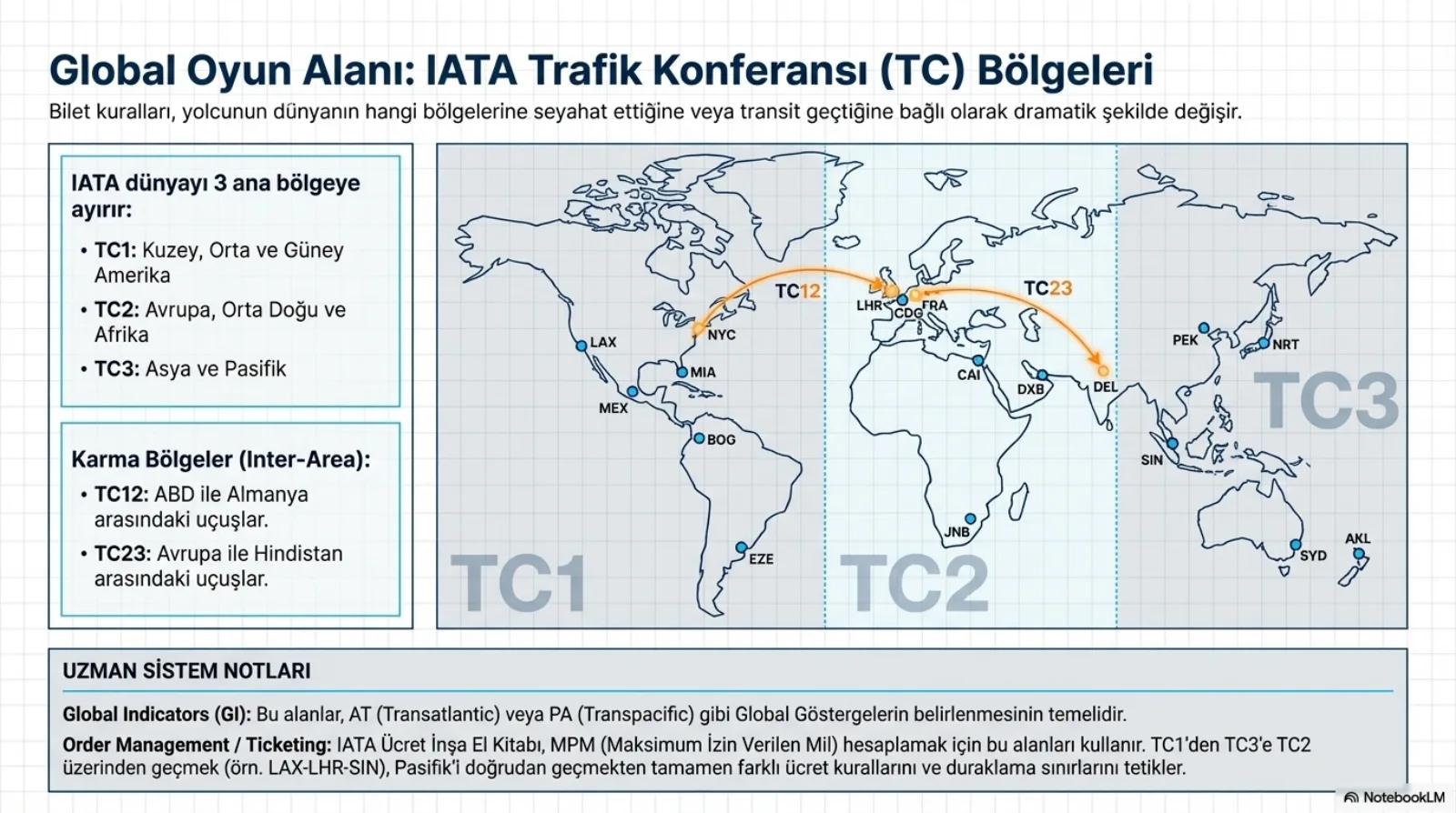 Başlık: Global Oyun Alanı, IATA Trafik Konferansı (TC) Bölgeleri. Alt başlık: bilet kuralları, yolcunun dünyanın hangi bölgelerine seyahat ettiğine veya transit geçtiğine bağlı olarak dramatik şekilde değişir. Solda iki kutu. IATA dünyayı 3 ana bölgeye ayırır: TC1 Kuzey, Orta ve Güney Amerika; TC2 Avrupa, Orta Doğu ve Afrika; TC3 Asya ve Pasifik. Karma bölgeler (Inter-Area): TC12, ABD ile Almanya arasındaki uçuşlar; TC23, Avrupa ile Hindistan arasındaki uçuşlar. Sağda üç dikey şeride bölünmüş dünya haritası, üzerinde LAX, NYC, MIA, MEX, BOG, EZE, LHR, CDG, FRA, CAI, DXB, JNB, DEL, PEK, NRT, SIN, SYD, AKL gibi havalimanı kodları; NYC’den Avrupa’ya turuncu TC12 yayı, Avrupa’dan DEL’e turuncu TC23 yayı. Alttaki notlar: bu alanlar AT (Transatlantic) veya PA (Transpacific) gibi global göstergelerin (GI) belirlenmesinin temelidir. IATA Ücret İnşa El Kitabı, MPM (maksimum izin verilen mil) hesaplamak için bu alanları kullanır; TC1’den TC3’e TC2 üzerinden geçmek (örneğin LAX-LHR-SIN), Pasifik’i doğrudan geçmekten tamamen farklı ücret kurallarını ve duraklama sınırlarını tetikler.