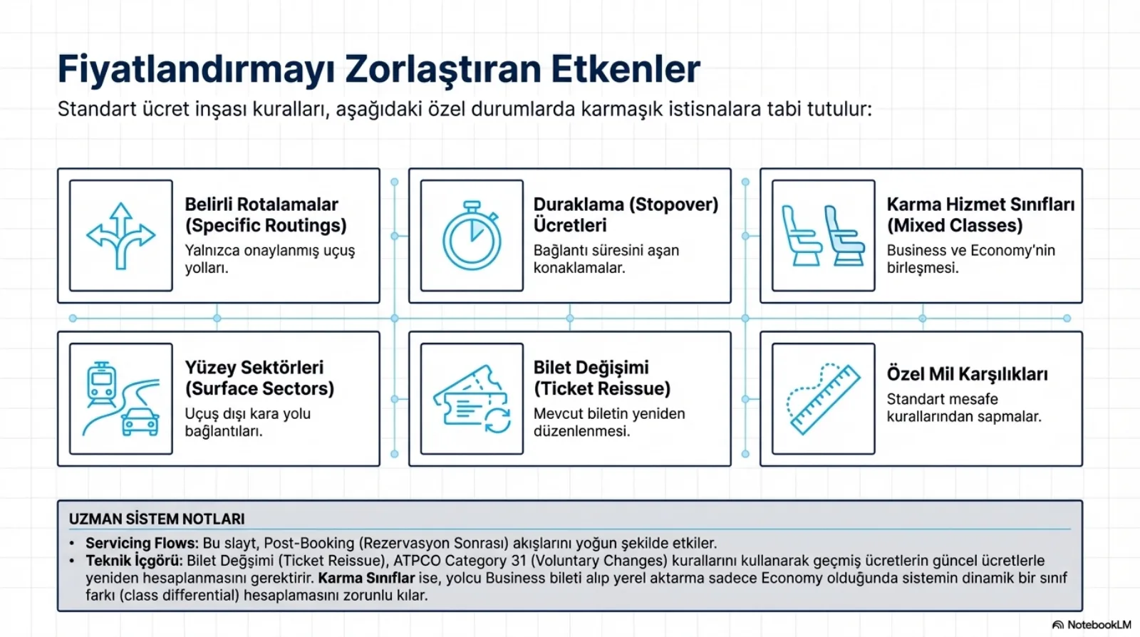 Başlık: Fiyatlandırmayı Zorlaştıran Etkenler. Alt başlık: standart ücret inşası kuralları aşağıdaki özel durumlarda karmaşık istisnalara tabi tutulur. Altı kutu, her birinde bir ikon. Belirli Rotalamalar (Specific Routings): yalnızca onaylanmış uçuş yolları. Duraklama (Stopover) Ücretleri: bağlantı süresini aşan konaklamalar. Karma Hizmet Sınıfları (Mixed Classes): Business ve Economy’nin birleşmesi. Yüzey Sektörleri (Surface Sectors): uçuş dışı kara yolu bağlantıları. Bilet Değişimi (Ticket Reissue): mevcut biletin yeniden düzenlenmesi. Özel Mil Karşılıkları: standart mesafe kurallarından sapmalar. Alttaki notlar: bu slayt rezervasyon sonrası (post-booking) servis akışlarını yoğun şekilde etkiler. Teknik içgörü: bilet değişimi, ATPCO Category 31 (Voluntary Changes) kurallarını kullanarak geçmiş ücretlerin güncel ücretlerle yeniden hesaplanmasını gerektirir; karma sınıflar ise yolcu business bileti alıp yerel aktarma sadece economy olduğunda sistemin dinamik bir sınıf farkı (class differential) hesaplamasını zorunlu kılar.