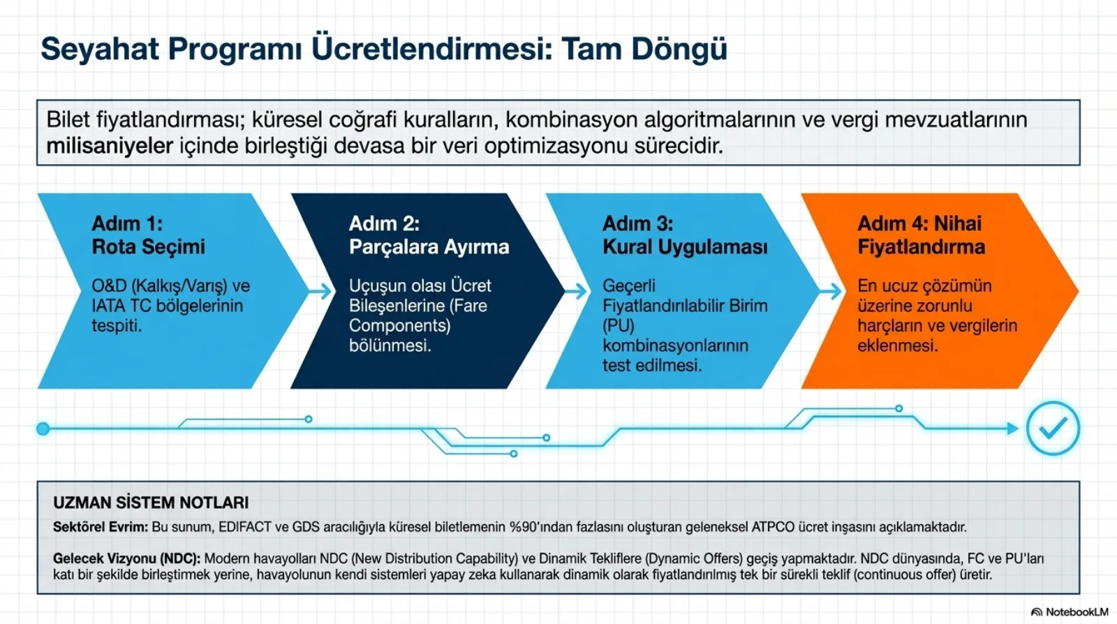 Başlık: Seyahat Programı Ücretlendirmesi, Tam Döngü. Üstte kutu: bilet fiyatlandırması küresel coğrafi kuralların, kombinasyon algoritmalarının ve vergi mevzuatlarının milisaniyeler içinde birleştiği devasa bir veri optimizasyonu sürecidir. Dört ok şeklinde adım: Adım 1, Rota Seçimi: O&D (kalkış/varış) ve IATA TC bölgelerinin tespiti. Adım 2, Parçalara Ayırma: uçuşun olası ücret bileşenlerine (fare components) bölünmesi. Adım 3, Kural Uygulaması: geçerli fiyatlandırılabilir birim (PU) kombinasyonlarının test edilmesi. Adım 4, Nihai Fiyatlandırma (turuncu): en ucuz çözümün üzerine zorunlu harçların ve vergilerin eklenmesi. Altında onay işaretiyle biten bir devre hattı. Alttaki notlar: sektörel evrim, bu sunum EDIFACT ve GDS aracılığıyla küresel biletlemenin yüzde 90’ından fazlasını oluşturan geleneksel ATPCO ücret inşasını açıklamaktadır. Gelecek vizyonu (NDC): modern havayolları NDC (New Distribution Capability) ve dinamik tekliflere (Dynamic Offers) geçiş yapmaktadır; NDC dünyasında FC ve PU’ları katı şekilde birleştirmek yerine havayolunun kendi sistemleri yapay zeka kullanarak dinamik olarak fiyatlandırılmış tek bir sürekli teklif (continuous offer) üretir.
