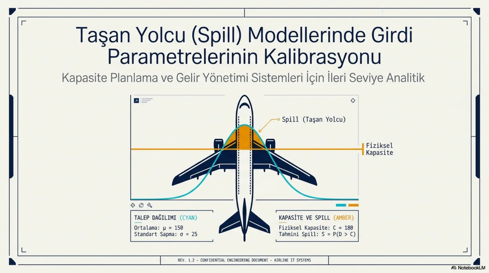 Sunumun kapak slaytı. Başlık: Taşan Yolcu (Spill) Modellerinde Girdi Parametrelerinin Kalibrasyonu. Alt başlık: Kapasite Planlama ve Gelir Yönetimi Sistemleri İçin İleri Seviye Analitik. Ortada yukarıdan görülen bir uçağın üzerine çizilmiş çan eğrisi biçiminde bir talep dağılımı ve eğriyi kesen yatay turuncu bir fiziksel kapasite çizgisi; çizginin üstünde kalan turuncu alan Spill (Taşan Yolcu) olarak işaretli. Sol alttaki kutuda talep dağılımı: ortalama 150, standart sapma 25. Sağ alttaki kutuda fiziksel kapasite 180 ve tahmini spill, talebin kapasiteyi aşma olasılığı olarak tanımlı.