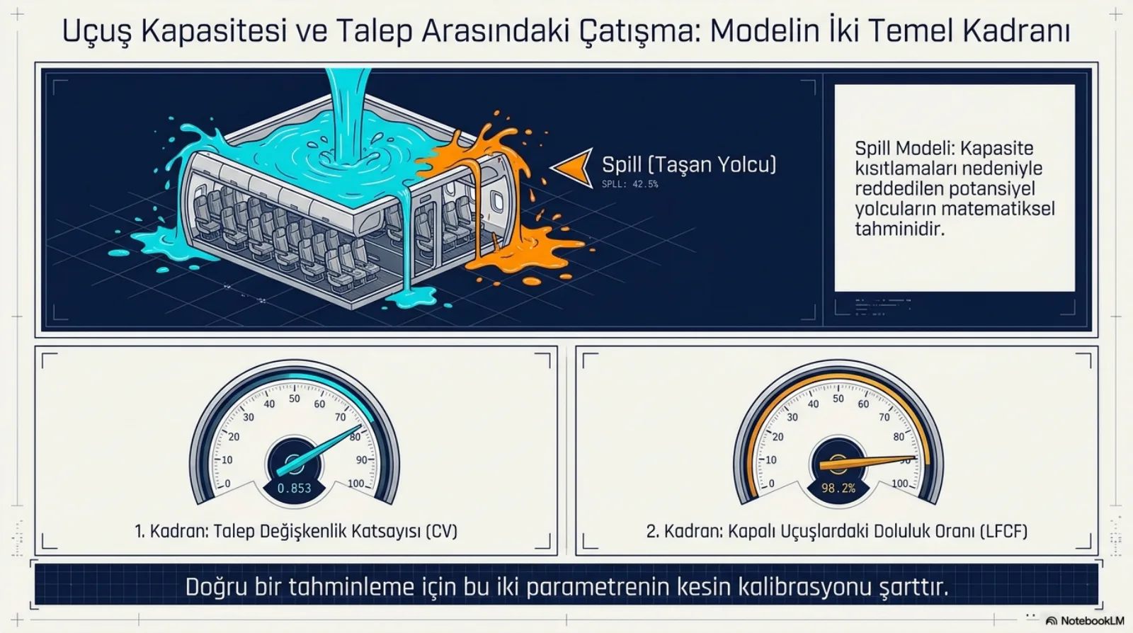 Başlık: Uçuş Kapasitesi ve Talep Arasındaki Çatışma, Modelin İki Temel Kadranı. Üstte kesiti açılmış bir uçak kabini; yukarıdan dökülen mavi sıvı kabini doldurup yanlardan taşıyor, taşan kısım turuncu ve Spill (Taşan Yolcu) olarak işaretli. Sağda tanım: spill modeli, kapasite kısıtlamaları nedeniyle reddedilen potansiyel yolcuların matematiksel tahminidir. Altta iki gösterge: birinci kadran Talep Değişkenlik Katsayısı (CV), ikinci kadran Kapalı Uçuşlardaki Doluluk Oranı (LFCF). Alt bant: doğru bir tahminleme için bu iki parametrenin kesin kalibrasyonu şarttır.
