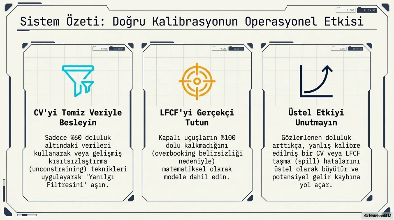 Başlık: Sistem Özeti, Doğru Kalibrasyonun Operasyonel Etkisi. Üç kart. CV’yi Temiz Veriyle Besleyin (huni simgesi): sadece yüzde 60 doluluk altındaki verileri kullanarak veya gelişmiş kısıtsızlaştırma (unconstraining) teknikleri uygulayarak yanılgı filtresini aşın. LFCF’yi Gerçekçi Tutun (nişangah simgesi): kapalı uçuşların yüzde 100 dolu kalkmadığını (overbooking belirsizliği nedeniyle) matematiksel olarak modele dahil edin. Üstel Etkiyi Unutmayın (yukarı kıvrılan eğri simgesi): gözlemlenen doluluk arttıkça, yanlış kalibre edilmiş bir CV veya LFCF taşma (spill) hatalarını üstel olarak büyütür ve potansiyel gelir kaybına yol açar.