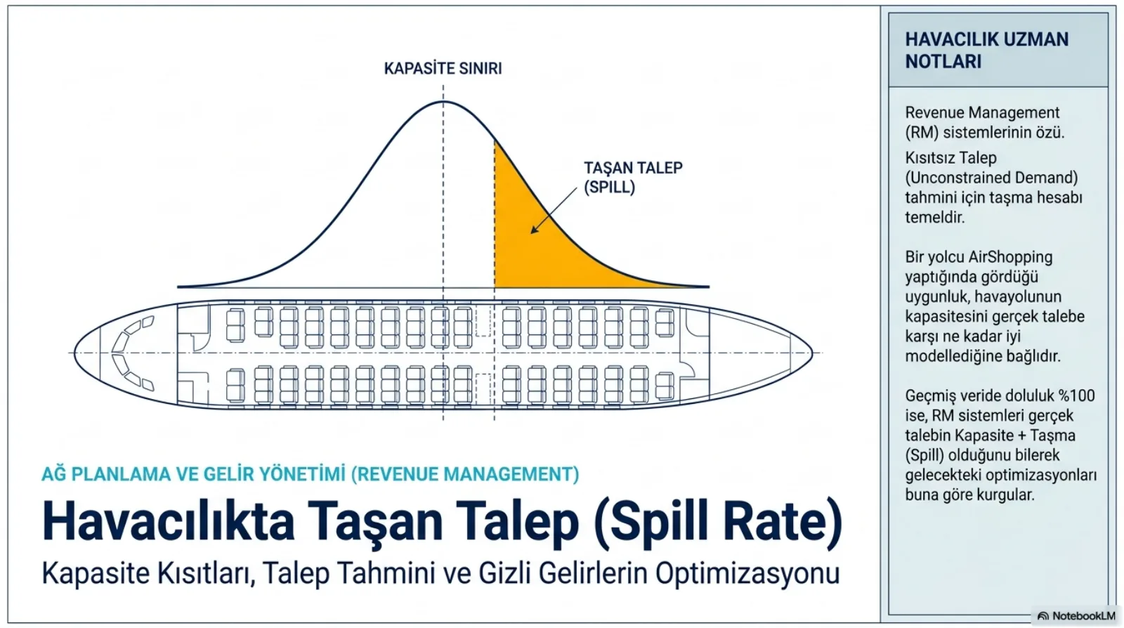 Sunumun kapak slaytı. Üstte bir çan eğrisi, ortasından dikey kesikli bir çizgiyle Kapasite Sınırı işaretlenmiş; sınırın sağında kalan kuyruk turuncu boyanmış ve Taşan Talep (Spill) olarak etiketlenmiş. Eğrinin altında, kesikli çizginin koltuk sıralarını kestiği yukarıdan görünen bir uçak kabini planı. Başlık: Havacılıkta Taşan Talep (Spill Rate). Alt başlık: Kapasite Kısıtları, Talep Tahmini ve Gizli Gelirlerin Optimizasyonu. Sağ sütunda uzman notları: bu hesap gelir yönetimi sistemlerinin özü ve kısıtsız talep tahmininin temeli; yolcunun AirShopping yaparken gördüğü uygunluk, havayolunun kapasiteyi gerçek talebe karşı ne kadar iyi modellediğine bağlı; geçmiş veride doluluk yüzde 100 ise sistem gerçek talebin kapasite artı taşma olduğunu bilerek optimizasyon kuruyor.