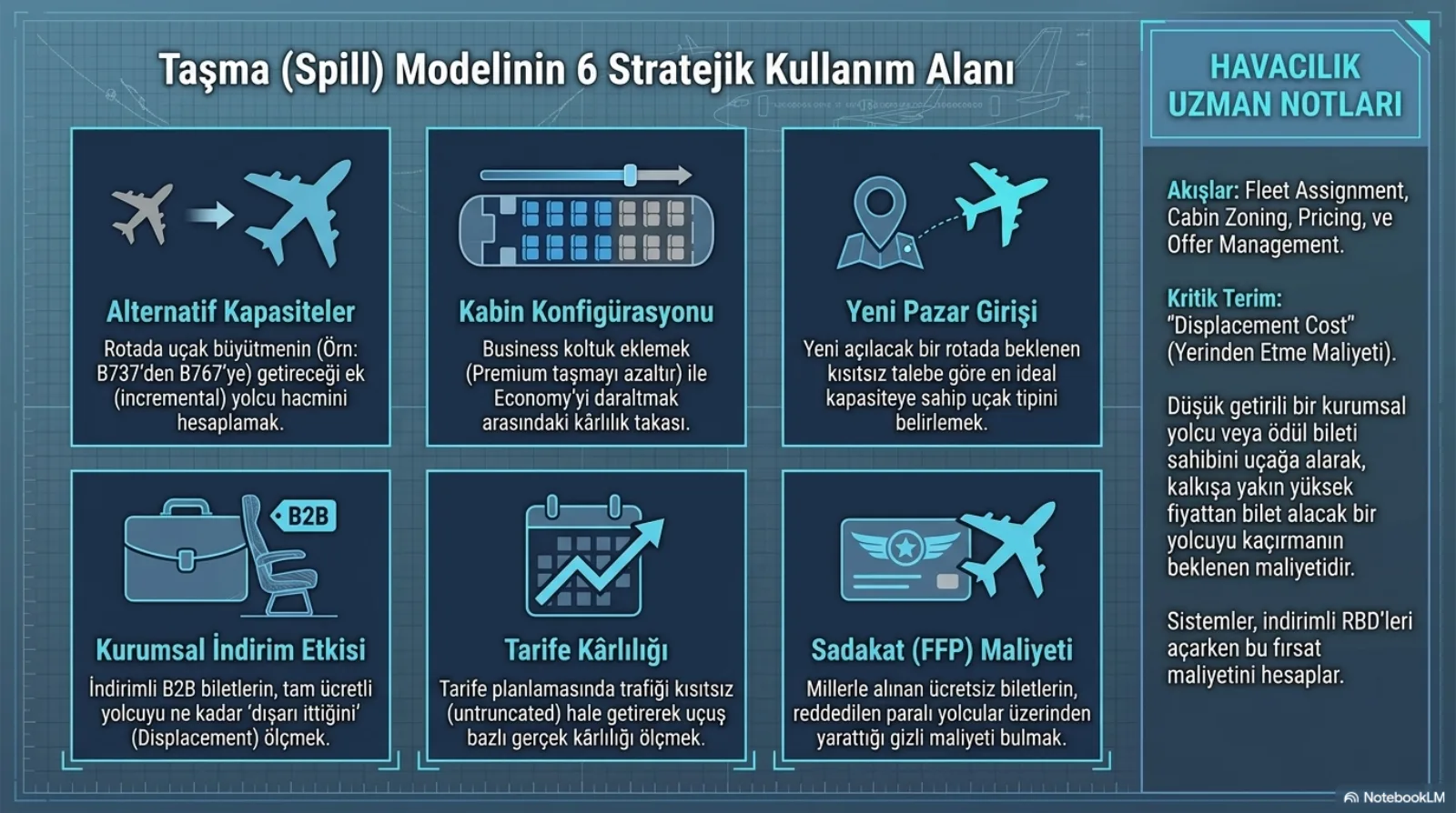 Başlık: Taşma (Spill) Modelinin 6 Stratejik Kullanım Alanı. Altı kart. Alternatif Kapasiteler: rotada uçak büyütmenin (örnek B737’den B767’ye) getireceği ek (incremental) yolcu hacmini hesaplamak. Kabin Konfigürasyonu: Business koltuk eklemek (premium taşmayı azaltır) ile Economy’yi daraltmak arasındaki kârlılık takası. Yeni Pazar Girişi: yeni açılacak rotada beklenen kısıtsız talebe göre en ideal kapasiteye sahip uçak tipini belirlemek. Kurumsal İndirim Etkisi: indirimli B2B biletlerin tam ücretli yolcuyu ne kadar dışarı ittiğini (displacement) ölçmek. Tarife Kârlılığı: tarife planlamasında trafiği kısıtsız (untruncated) hale getirerek uçuş bazlı gerçek kârlılığı ölçmek. Sadakat (FFP) Maliyeti: millerle alınan ücretsiz biletlerin reddedilen paralı yolcular üzerinden yarattığı gizli maliyeti bulmak. Sağ sütun: akışlar fleet assignment, cabin zoning, pricing ve offer management; kritik terim displacement cost (yerinden etme maliyeti), yani düşük getirili bir kurumsal yolcu ya da ödül bileti sahibini uçağa alarak kalkışa yakın yüksek fiyattan bilet alacak bir yolcuyu kaçırmanın beklenen maliyeti; sistemler indirimli RBD’leri açarken bu fırsat maliyetini hesaplar.
