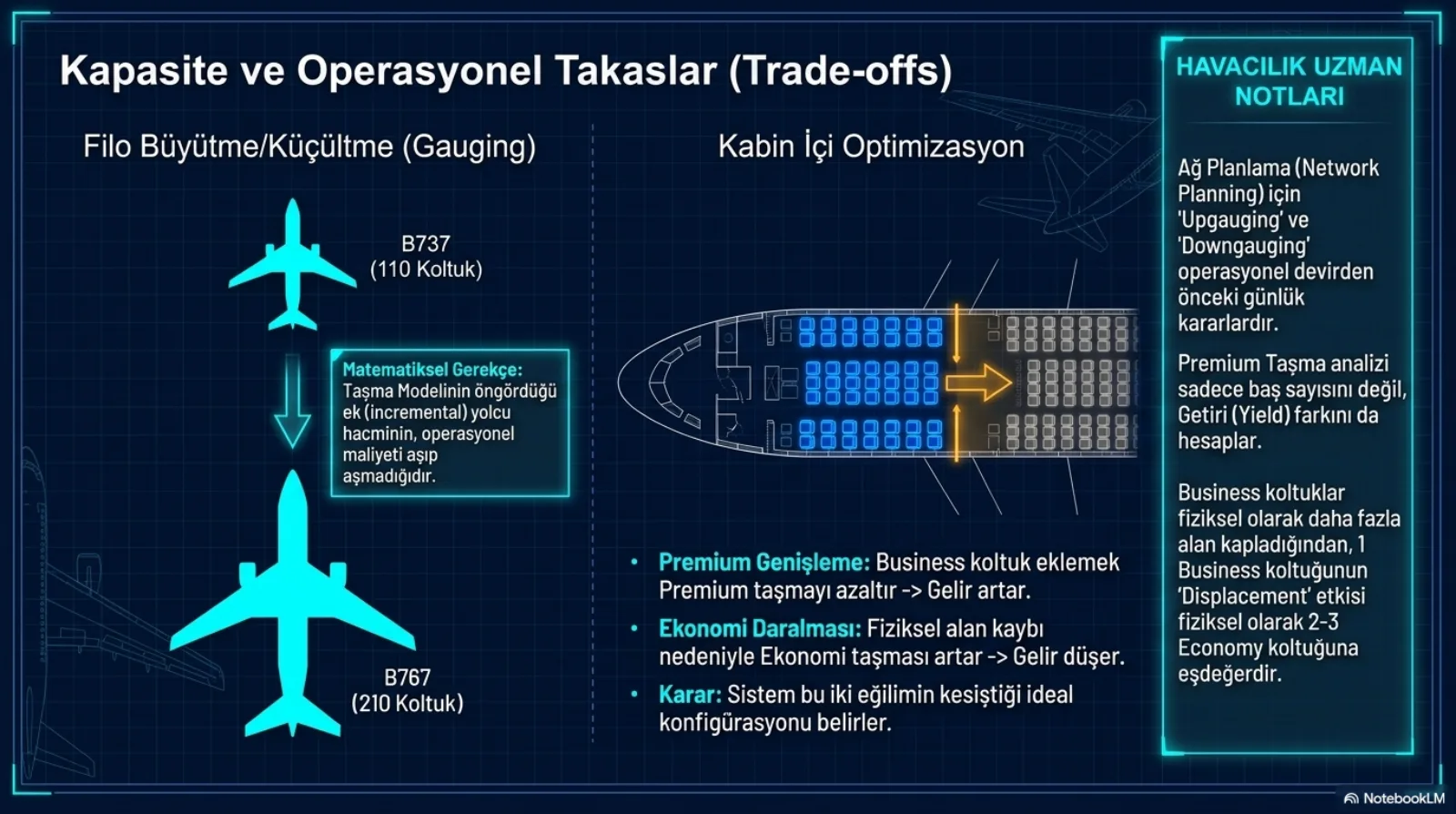Başlık: Kapasite ve Operasyonel Takaslar (Trade-offs). Sol yarı, Filo Büyütme/Küçültme (Gauging): üstte B737 (110 koltuk), aşağı ok, altta B767 (210 koltuk); ortadaki kutu, Matematiksel Gerekçe: taşma modelinin öngördüğü ek (incremental) yolcu hacminin operasyonel maliyeti aşıp aşmadığıdır. Sağ yarı, Kabin İçi Optimizasyon: mavi business ve gri ekonomi koltuklarını gösteren kabin planı, aradaki sınırın ekonomi tarafına kaydığını gösteren turuncu ok. Maddeler: Premium Genişleme, business koltuk eklemek premium taşmayı azaltır, gelir artar; Ekonomi Daralması, fiziksel alan kaybı nedeniyle ekonomi taşması artar, gelir düşer; Karar, sistem bu iki eğilimin kesiştiği ideal konfigürasyonu belirler. Sağ sütun notları: upgauging ve downgauging ağ planlama için operasyonel devirden önceki günlük kararlardır; premium taşma analizi yalnızca baş sayısını değil getiri farkını da hesaplar; 1 business koltuğun displacement etkisi fiziksel olarak 2-3 ekonomi koltuğuna eşdeğerdir.