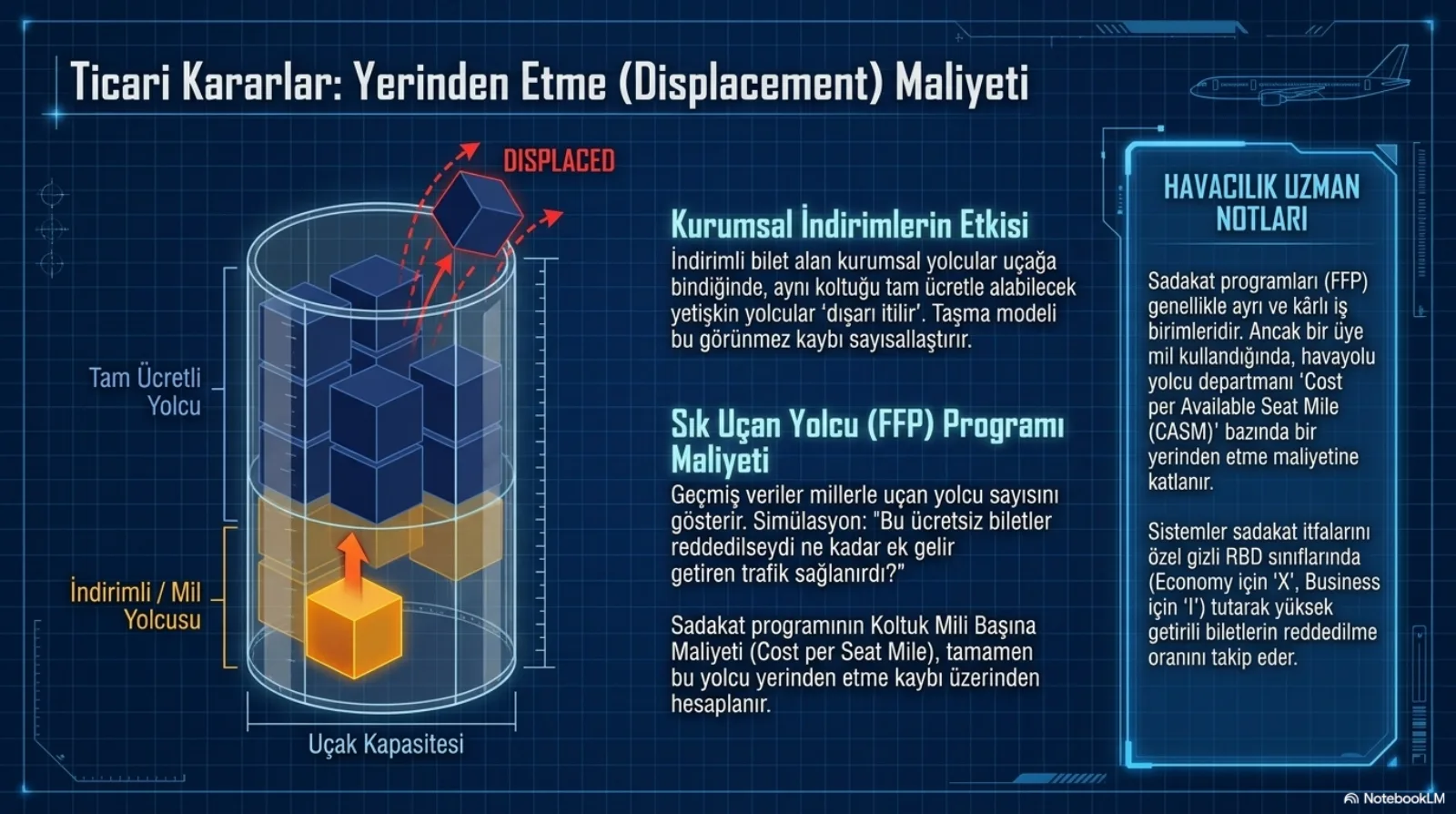 Başlık: Ticari Kararlar, Yerinden Etme (Displacement) Maliyeti. Solda Uçak Kapasitesi etiketli şeffaf bir silindir; üst kısmı Tam Ücretli Yolcu (lacivert küpler), alt kısmı İndirimli / Mil Yolcusu (turuncu küpler). Alttan yükselen turuncu küp, en üstteki lacivert küpü silindirin dışına itiyor; dışarı fırlayan küpün üzerinde DISPLACED yazıyor. Ortada iki metin. Kurumsal İndirimlerin Etkisi: indirimli bilet alan kurumsal yolcular uçağa bindiğinde aynı koltuğu tam ücretle alabilecek yetişkin yolcular dışarı itilir, taşma modeli bu görünmez kaybı sayısallaştırır. Sık Uçan Yolcu (FFP) Programı Maliyeti: geçmiş veriler millerle uçan yolcu sayısını gösterir, simülasyon bu ücretsiz biletler reddedilseydi ne kadar ek gelir getiren trafik sağlanırdı diye sorar; sadakat programının koltuk mili başına maliyeti tamamen bu yerinden etme kaybı üzerinden hesaplanır. Sağ sütun notları: FFP’ler genelde ayrı ve kârlı iş birimleridir ama mil kullanımında yolcu departmanı CASM bazında yerinden etme maliyetine katlanır; sistemler ödül koltuklarını gizli RBD’lerde (ekonomi için X, business için I) tutarak yüksek getirili biletlerin reddedilme oranını izler.