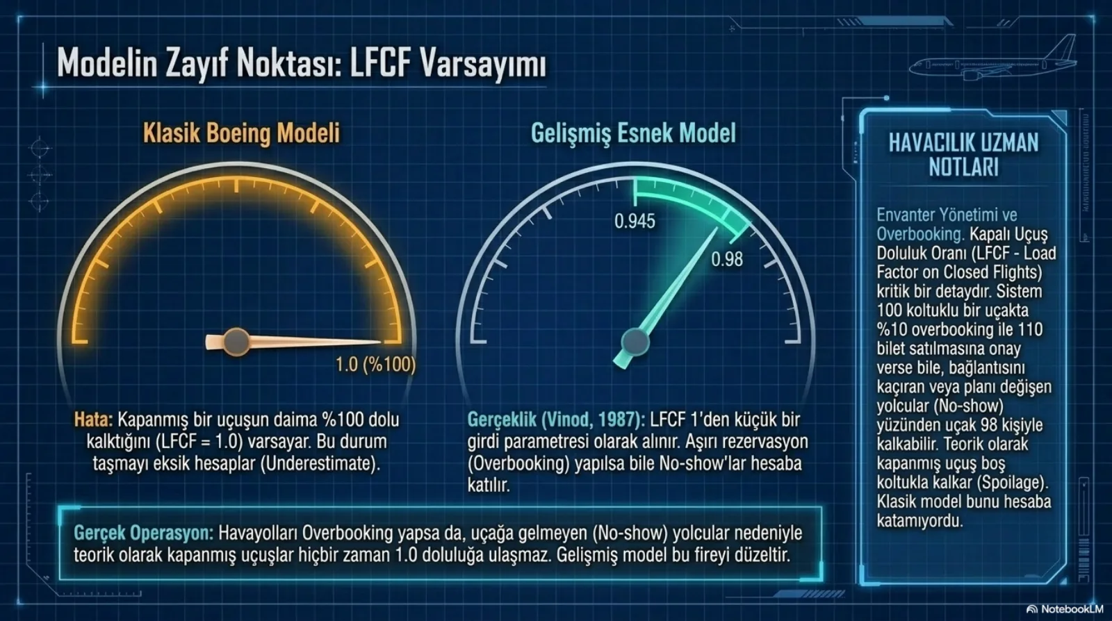 Başlık: Modelin Zayıf Noktası, LFCF Varsayımı. İki gösterge. Sol, Klasik Boeing Modeli: turuncu ibre 1.0 (yüzde 100) değerinde. Altında Hata: kapanmış bir uçuşun daima yüzde 100 dolu kalktığını (LFCF eşittir 1.0) varsayar, bu durum taşmayı eksik hesaplar (underestimate). Sağ, Gelişmiş Esnek Model: yeşil ibre 0.945 ile 0.98 arasında işaretli bir bantta. Altında Gerçeklik (Vinod, 1987): LFCF 1’den küçük bir girdi parametresi olarak alınır, aşırı rezervasyon yapılsa bile no-show’lar hesaba katılır. Alt bant, Gerçek Operasyon: havayolları overbooking yapsa da uçağa gelmeyen yolcular nedeniyle kapanmış uçuşlar hiçbir zaman 1.0 doluluğa ulaşmaz, gelişmiş model bu fireyi düzeltir. Sağ sütun notları: 100 koltuklu bir uçakta yüzde 10 overbooking ile 110 bilet satılsa bile no-show’lar yüzünden uçak 98 kişiyle kalkabilir; kapanmış uçuş boş koltukla kalkar (spoilage) ve klasik model bunu hesaba katamıyordu.