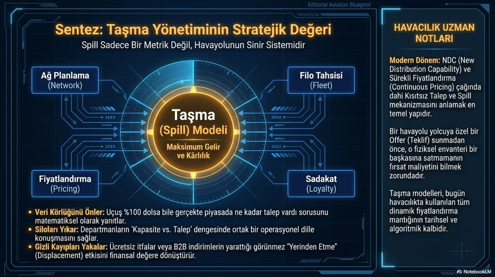 Başlık: Sentez, Taşma Yönetiminin Stratejik Değeri. Alt başlık: spill sadece bir metrik değil, havayolunun sinir sistemidir. Ortada parlayan bir daire: Taşma (Spill) Modeli, Maksimum Gelir ve Kârlılık. Dört köşeden daireye oklarla bağlanan kutular: Ağ Planlama (Network), Filo Tahsisi (Fleet), Fiyatlandırma (Pricing), Sadakat (Loyalty). Alttaki maddeler: Veri Körlüğünü Önler, uçuş yüzde 100 dolsa bile gerçekte piyasada ne kadar talep vardı sorusunu matematiksel olarak yanıtlar; Siloları Yıkar, departmanların kapasite ve talep dengesinde ortak bir operasyonel dille konuşmasını sağlar; Gizli Kayıpları Yakalar, ücretsiz itfalar veya B2B indirimlerin yarattığı görünmez yerinden etme etkisini finansal değere dönüştürür. Sağ sütun notları: NDC ve sürekli fiyatlandırma çağında dahi kısıtsız talep ve spill mekanizmasını anlamak en temel yapıdır; havayolu yolcuya özel bir teklif sunmadan önce o fiziksel envanteri bir başkasına satmamanın fırsat maliyetini bilmek zorundadır; taşma modelleri bugünkü dinamik fiyatlandırma mantığının tarihsel ve algoritmik kalbidir.