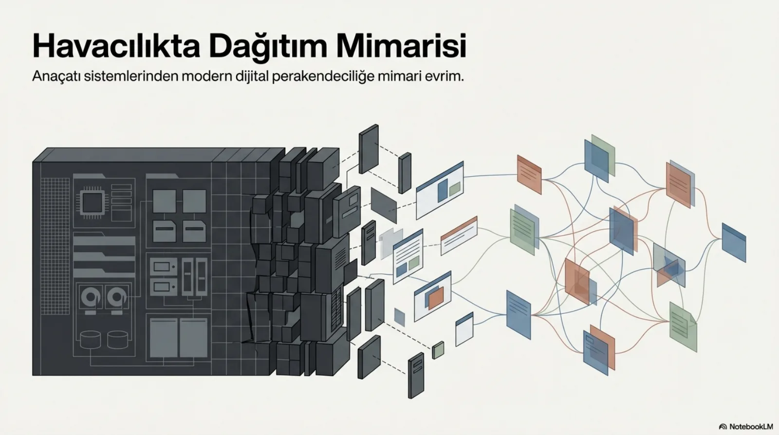 Sunumun kapak slaytı. Başlık: Havacılıkta Dağıtım Mimarisi. Alt başlık: anaçatı sistemlerinden modern dijital perakendeciliğe mimari evrim. Solda koyu gri, bloklardan oluşan bir mainframe kütlesi; sağa doğru parçalanıp dağılıyor ve renkli küçük pencere ve belge kartlarından oluşan, birbirine kavisli çizgilerle bağlı bir ağa dönüşüyor.