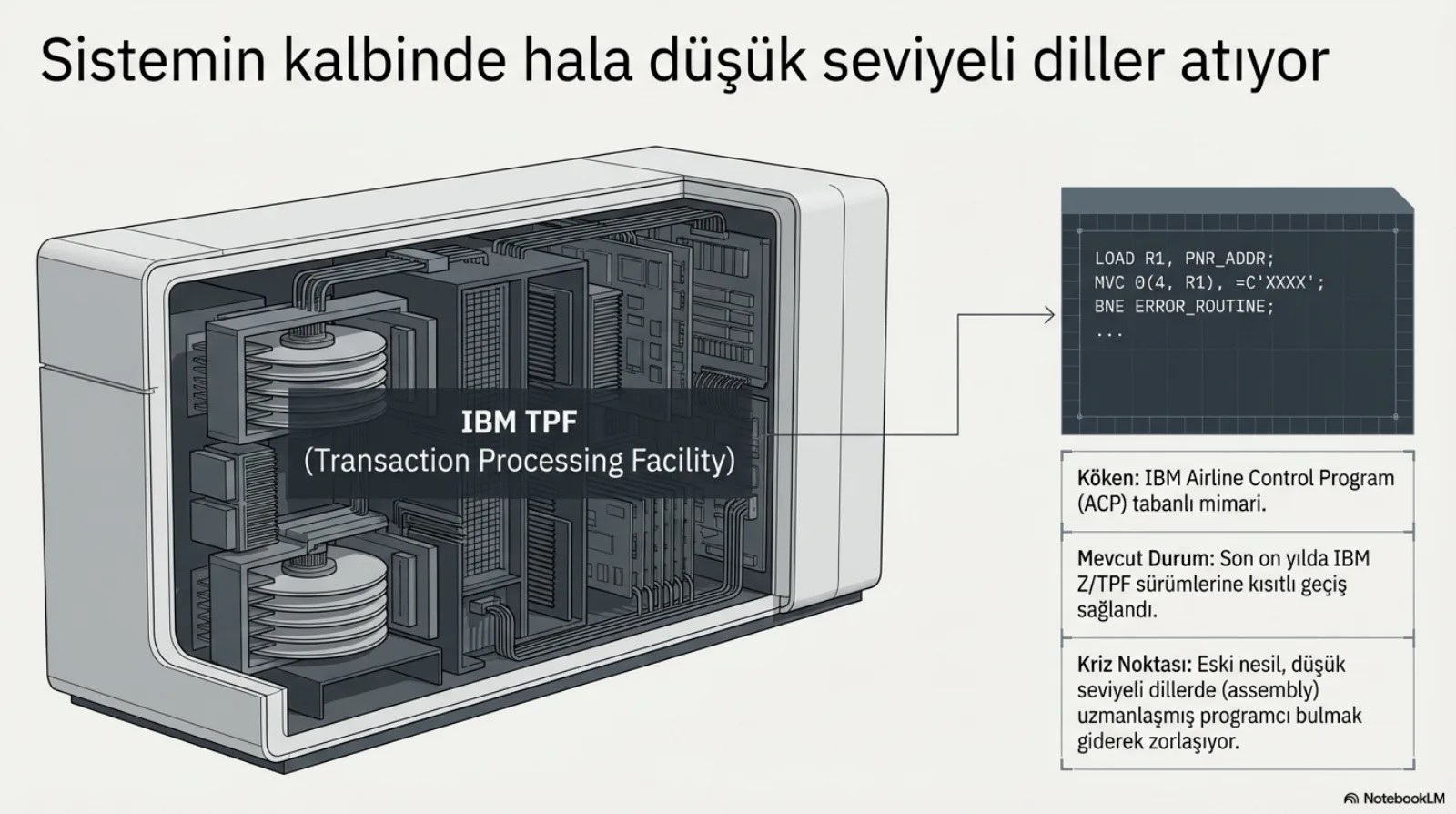 Başlık: Sistemin kalbinde hâlâ düşük seviyeli diller atıyor. Solda kesit görünümlü bir mainframe kabini, içinde disk paketleri ve kartlar; ortada etiket IBM TPF (Transaction Processing Facility). Sağda koyu bir terminal kutusunda üç satır assembly: LOAD R1, PNR_ADDR; MVC 0(4, R1), =C’XXXX’; BNE ERROR_ROUTINE. Altında üç not. Köken: IBM Airline Control Program (ACP) tabanlı mimari. Mevcut durum: son on yılda IBM z/TPF sürümlerine kısıtlı geçiş sağlandı. Kriz noktası: eski nesil, düşük seviyeli dillerde (assembly) uzmanlaşmış programcı bulmak giderek zorlaşıyor.