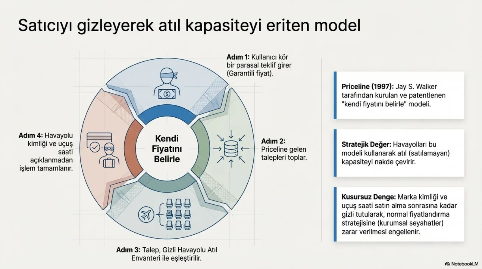 Başlık: Satıcıyı gizleyerek atıl kapasiteyi eriten model. Ortada dört dilimli daire, merkezde Kendi Fiyatını Belirle. Adım 1: kullanıcı kör bir parasal teklif girer (garantili fiyat), gözü bağlı kişi ve para simgesi. Adım 2: Priceline gelen talepleri toplar, veritabanına giren oklar. Adım 3: talep, gizli havayolu atıl envanteri ile eşleştirilir, koltuk planı simgesi. Adım 4: havayolu kimliği ve uçuş saati açıklanmadan işlem tamamlanır, maskeli yolcu ve onaylı kart simgesi. Sağda üç kutu. Priceline (1997): Jay S. Walker tarafından kurulan ve patentlenen kendi fiyatını belirle modeli. Stratejik değer: havayolları bu modeli kullanarak atıl (satılamayan) kapasiteyi nakde çevirir. Kusursuz denge: marka kimliği ve uçuş saati satın alma sonrasına kadar gizli tutularak normal fiyatlandırma stratejisine (kurumsal seyahatler) zarar verilmesi engellenir.