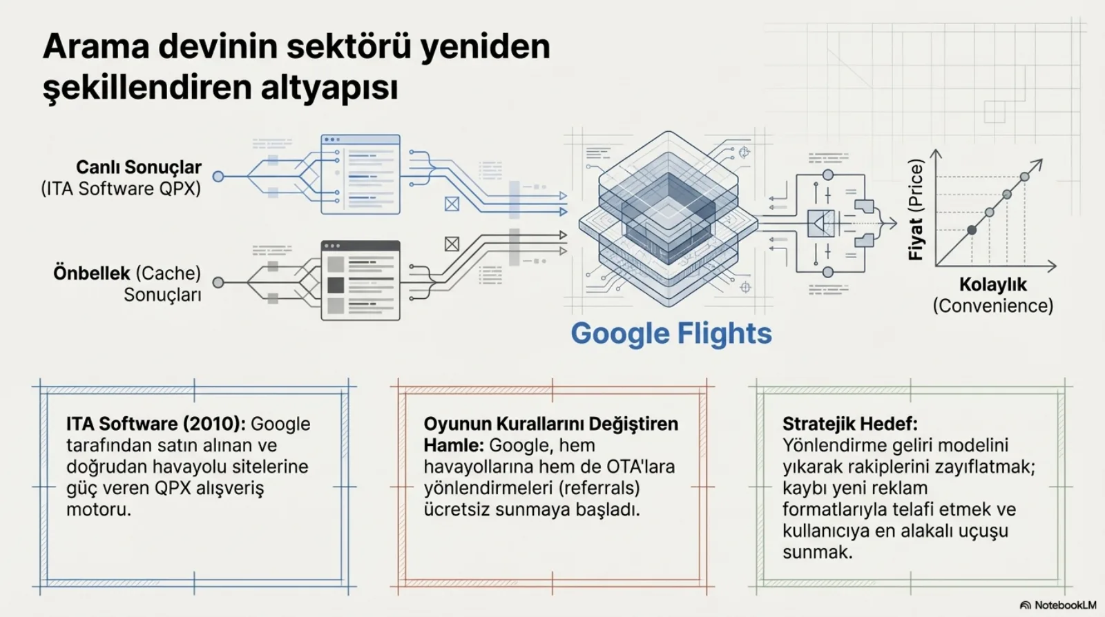 Başlık: Arama devinin sektörü yeniden şekillendiren altyapısı. Solda iki giriş: canlı sonuçlar (ITA Software QPX) ve önbellek (cache) sonuçları; ikisi de ortadaki katmanlı Google Flights kutusuna akıyor; sağda çıktı, fiyat (price) ve kolaylık (convenience) eksenli bir grafik. Altta üç kutu. ITA Software (2010): Google tarafından satın alınan ve doğrudan havayolu sitelerine güç veren QPX alışveriş motoru. Oyunun kurallarını değiştiren hamle: Google, hem havayollarına hem de OTA’lara yönlendirmeleri (referrals) ücretsiz sunmaya başladı. Stratejik hedef: yönlendirme geliri modelini yıkarak rakipleri zayıflatmak, kaybı yeni reklam formatlarıyla telafi etmek ve kullanıcıya en alakalı uçuşu sunmak.