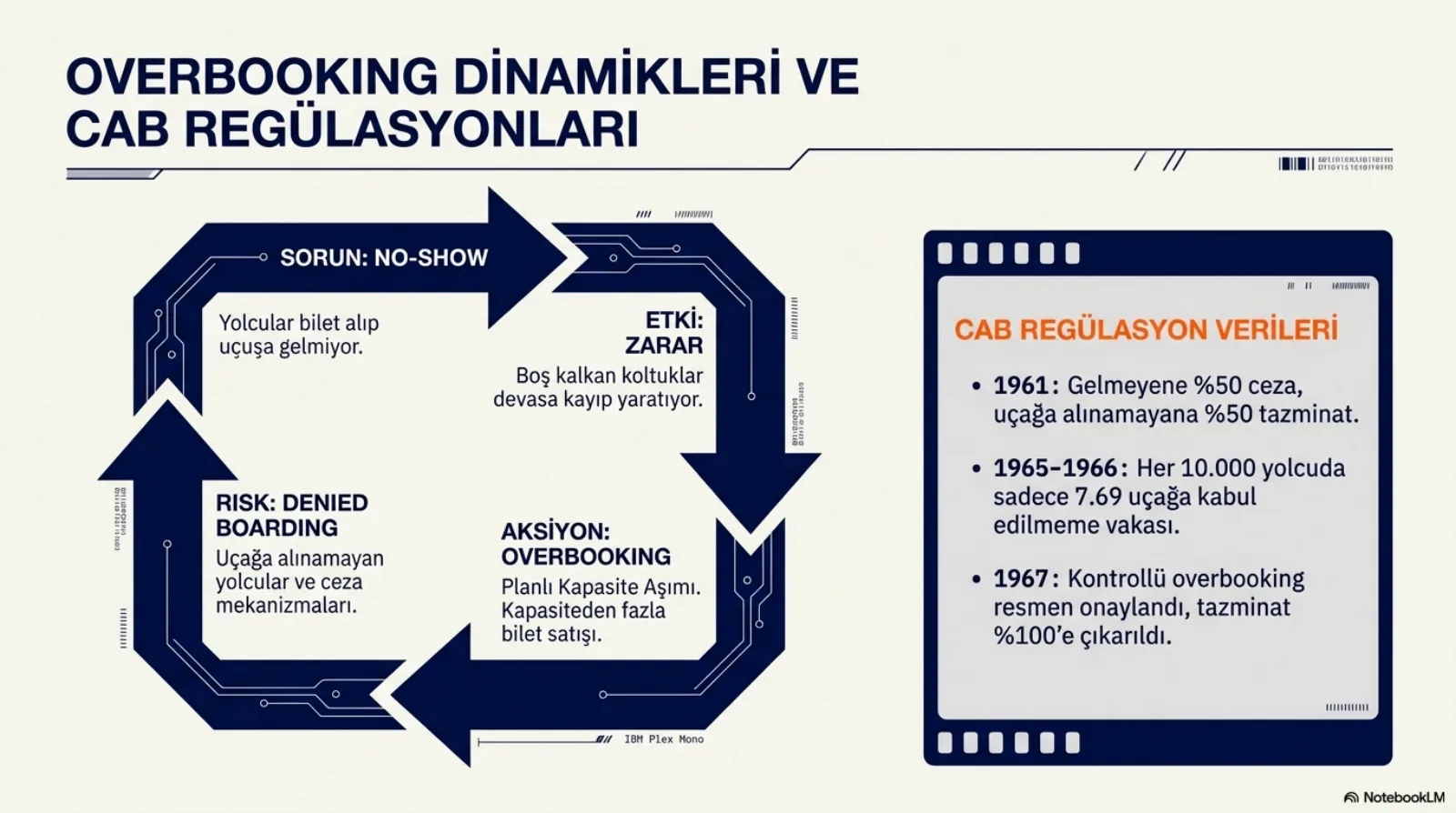 Başlık: Overbooking Dinamikleri ve CAB Regülasyonları. Solda dört oklu döngü: Sorun: no-show, yolcular bilet alıp uçuşa gelmiyor. Etki: zarar, boş kalan koltuklar devasa kayıp yaratıyor. Aksiyon: overbooking, planlı kapasite aşımı, kapasiteden fazla bilet satışı. Risk: denied boarding, uçağa alınamayan yolcular ve ceza mekanizmaları. Sağda CAB regülasyon verileri kutusu: 1961, gelmeyene %50 ceza, uçağa alınamayana %50 tazminat. 1965-1966, her 10.000 yolcuda sadece 7.69 uçağa kabul edilmeme vakası. 1967, kontrollü overbooking resmen onaylandı, tazminat %100’e çıkarıldı.