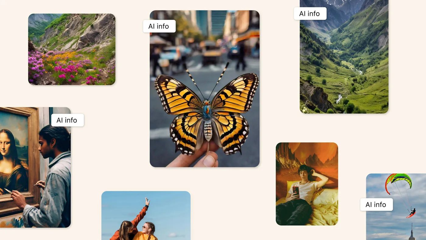 Meta’s example image: a white “AI info” label in the corner of AI-generated photos on Instagram and Facebook.