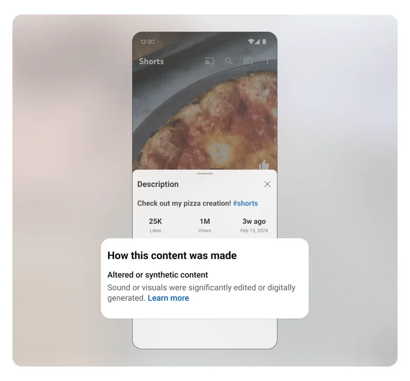 YouTube Shorts description panel: under “How this content was made”, the label “Altered or synthetic content — Sound or visuals were significantly edited or digitally generated.”
