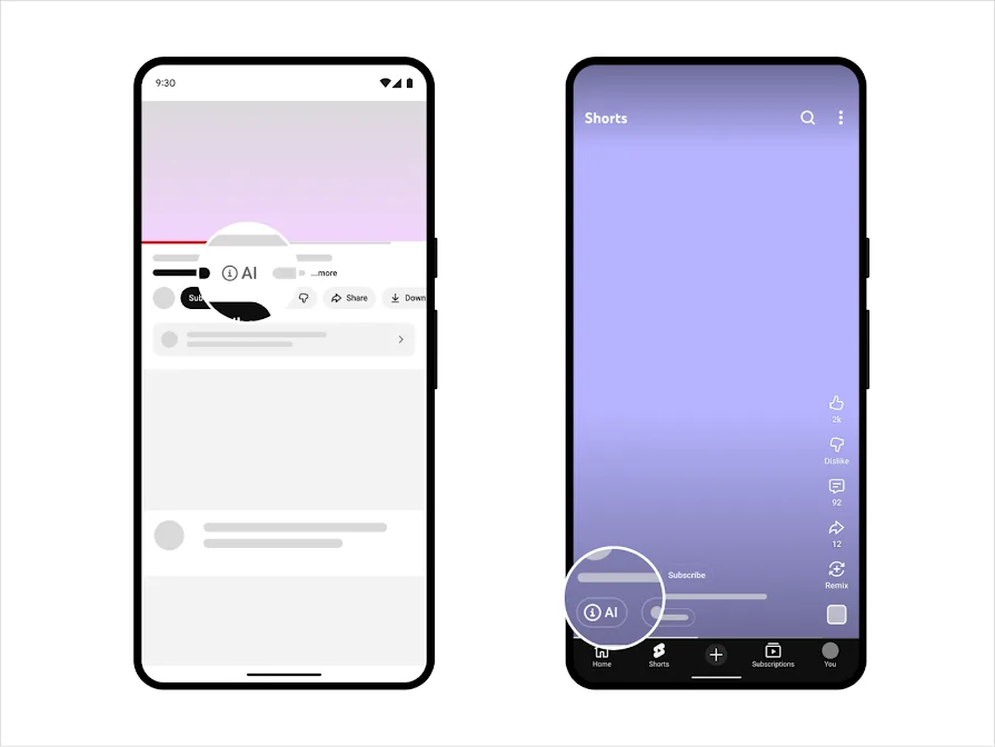 Two phone screens: a small “AI” label next to the title on a regular video and next to the channel name on Shorts.